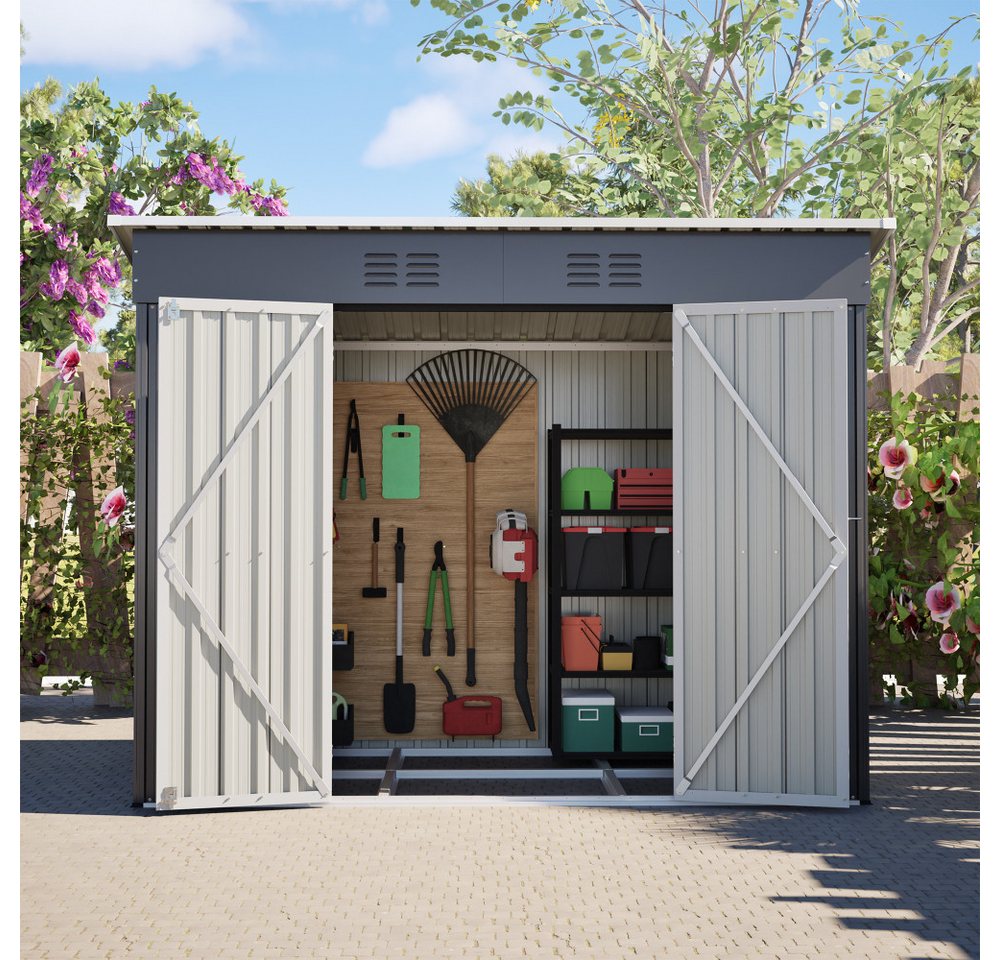 BBWL Gerätehaus mit Pultdach, Gartenhaus abschließbar, wetterfest mit Belüftung, BxT: 242x126 cm, Metall Gerätehaus 8x4 Fuß, Stauraum für Gartenwerkzeuge