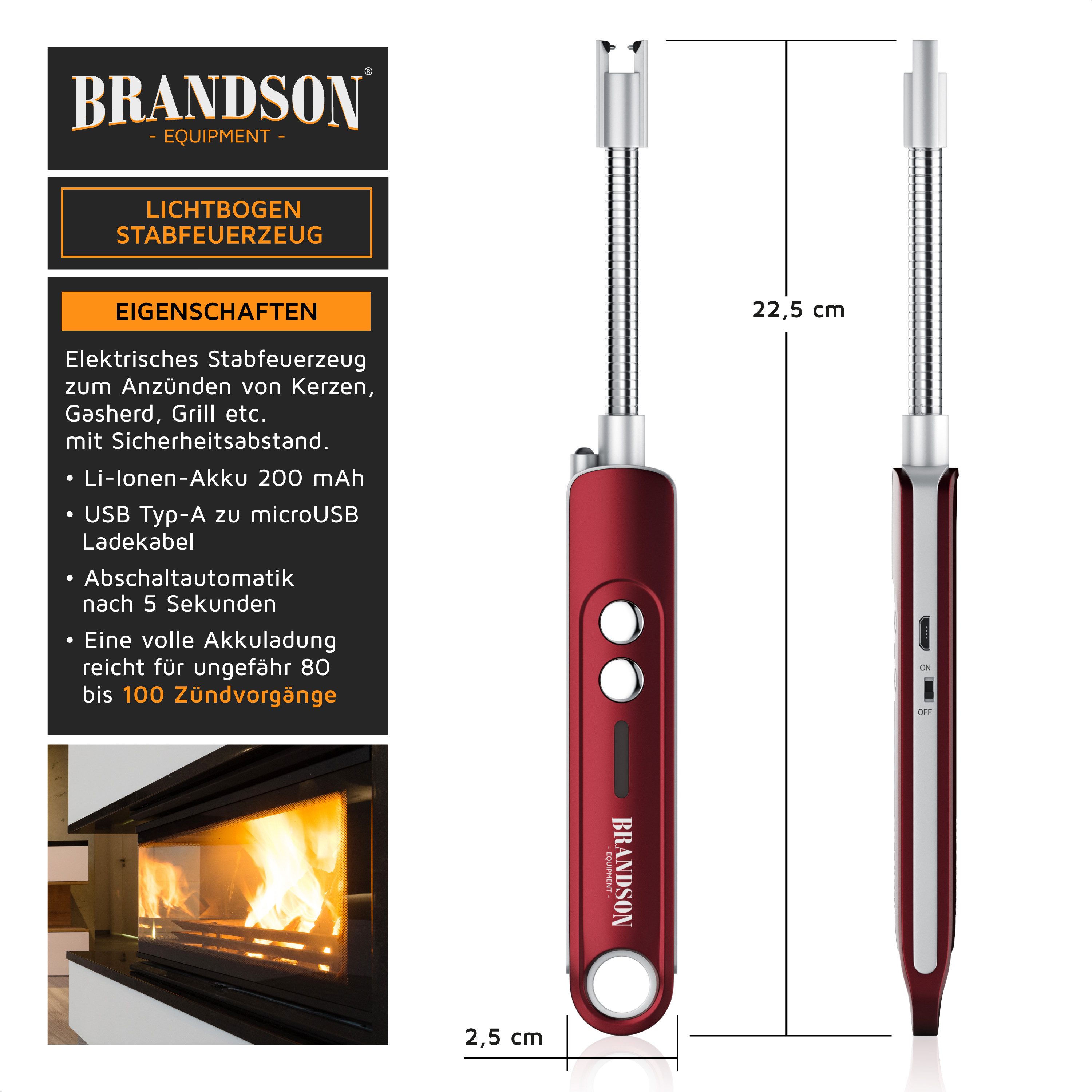 Brandson Feuerzeug elektrisch, Lichtbogen Stabfeuerzeug USB aufladbar (1-St), Kerzenanzünder für Küche, Kerzen, Gasherde, Grill, Kamin