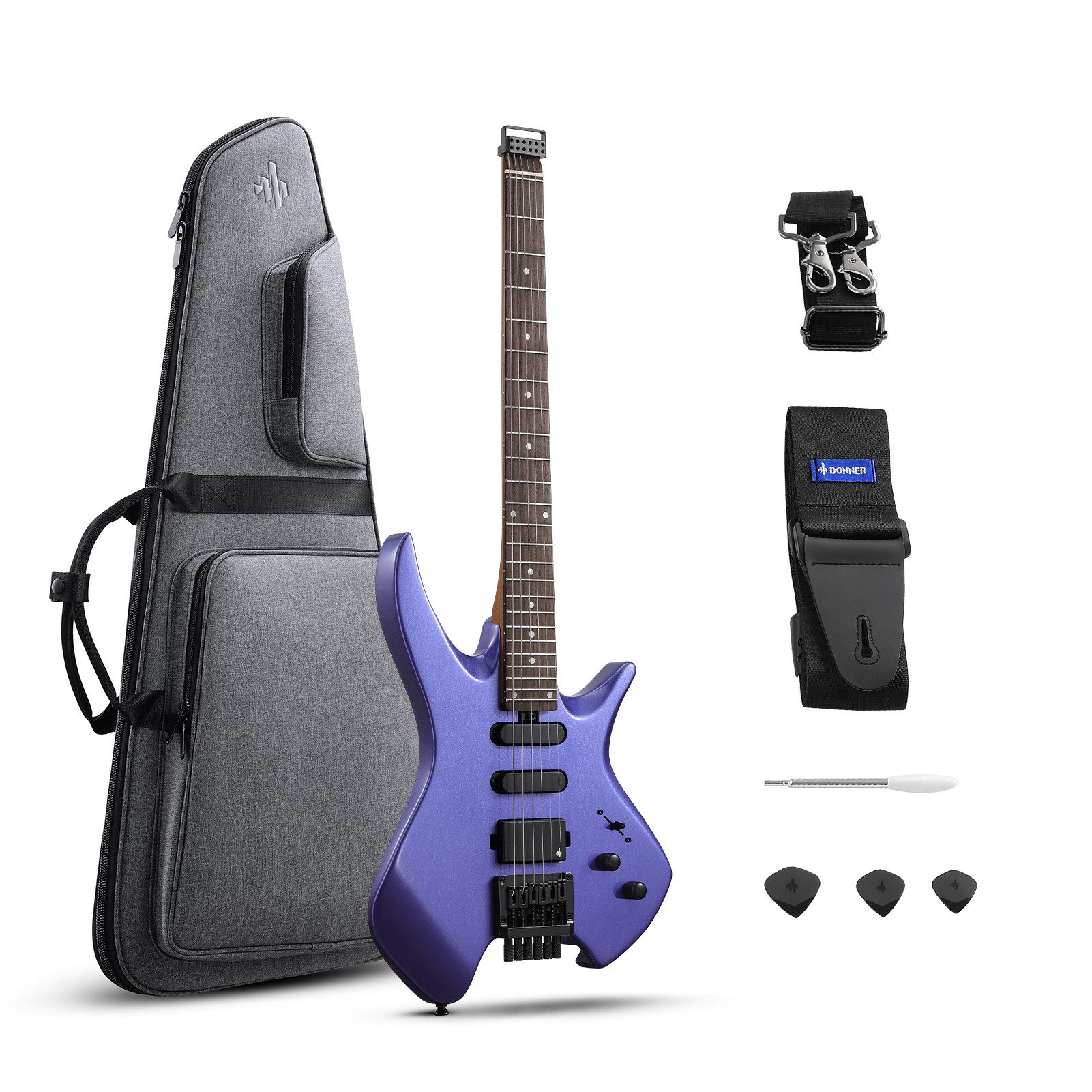 Donner E-Gitarre Headless Reisegitarre HSS Pickups, 2.4kg leicht, inkl. Tasche, HLX-500, Modernes Headless-Design, Ausgewogenes Schwerpunkt, Gitarrentasche, Tragegurt, Plektrum, Kompakt & Leicht, Patentiertes Headless-System