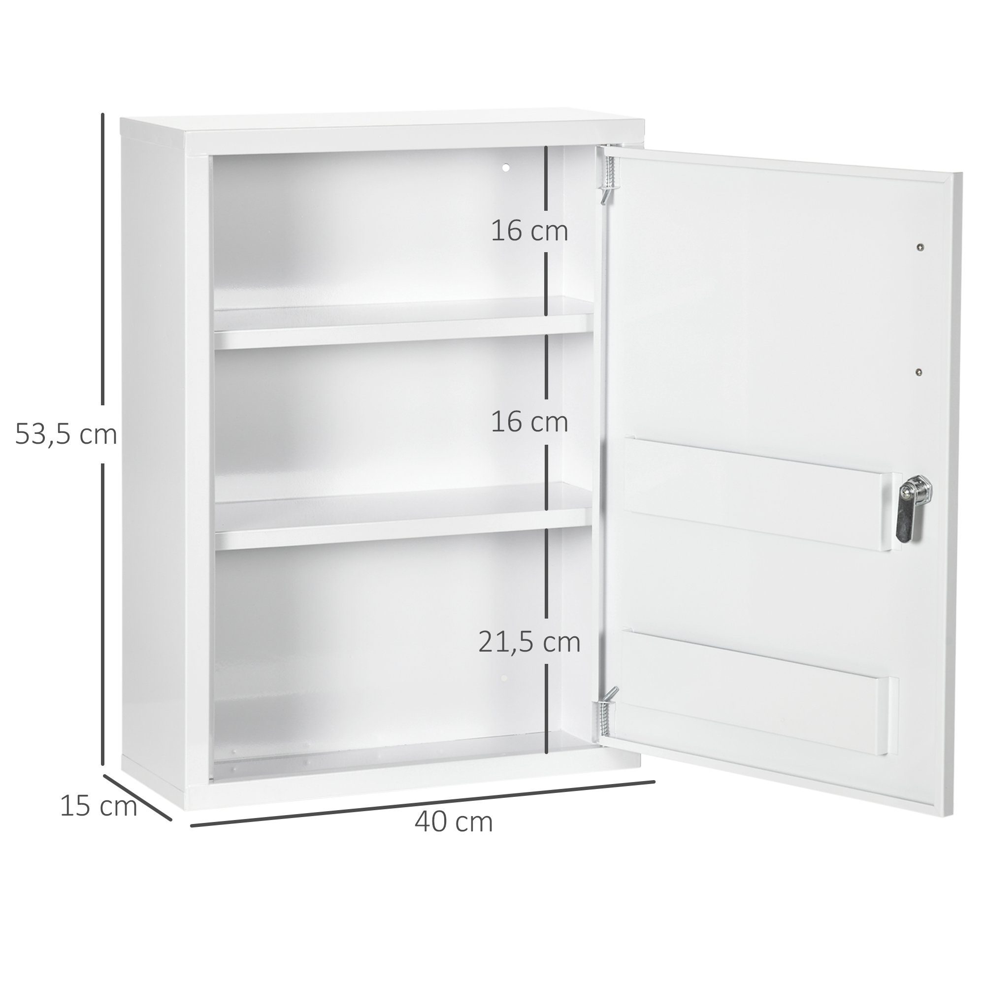 Kleankin Medizinschrank Apothekerschrank mit 3 Fächern 2 Schlüsseln (Erste Hilfe Schrank, 1-St., Medikamentenschrank) Stahl, Weiß, 40 x 15 x 53,5 cm