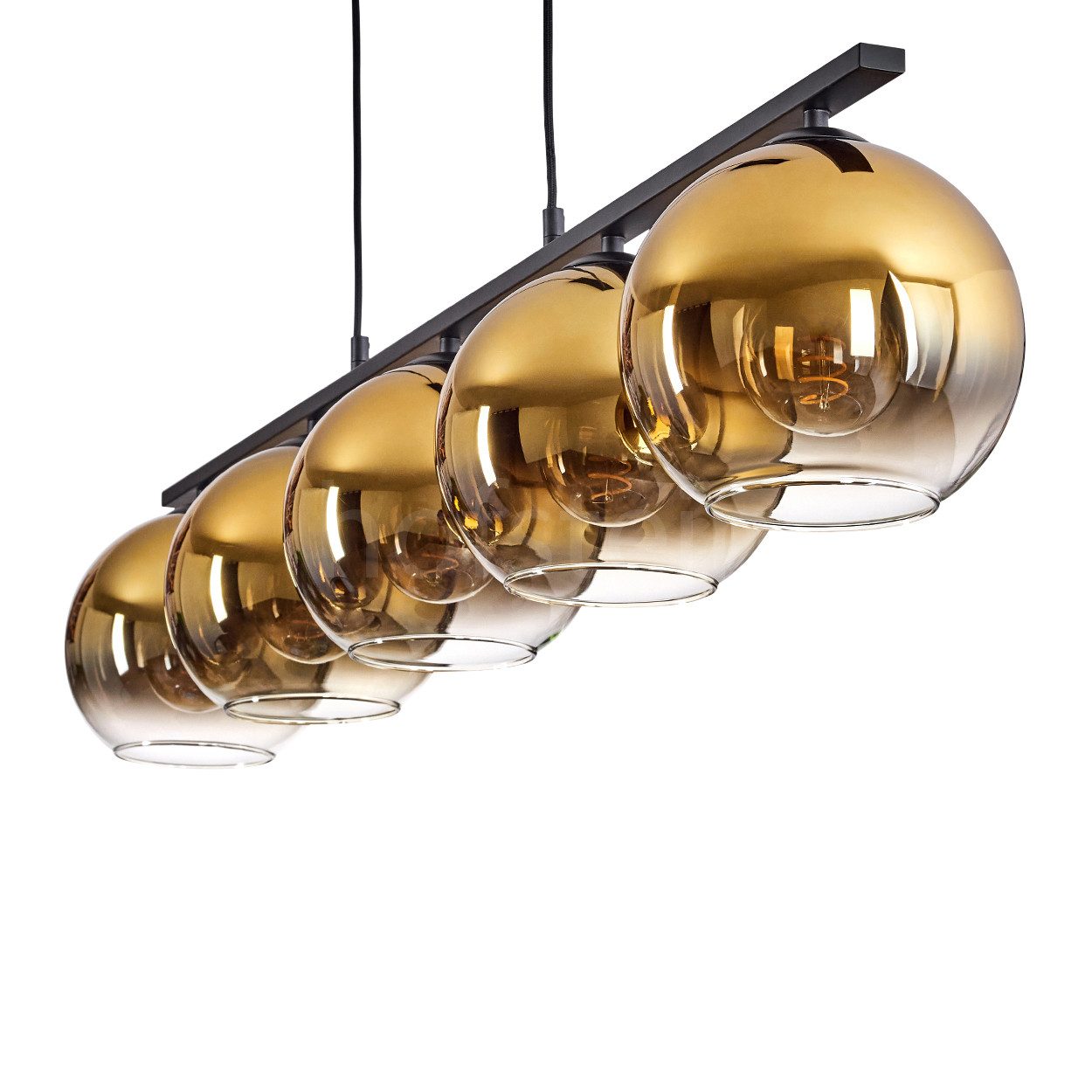 hofstein Pendelleuchte Hängelampe aus Metall/Glas in Schwarz/Goldfarben/Klar, ohne Leuchtmittel, Hängeleuchte mit Glasschirmen (20 cm), Höhe max. 116,5 cm, 5 x E27