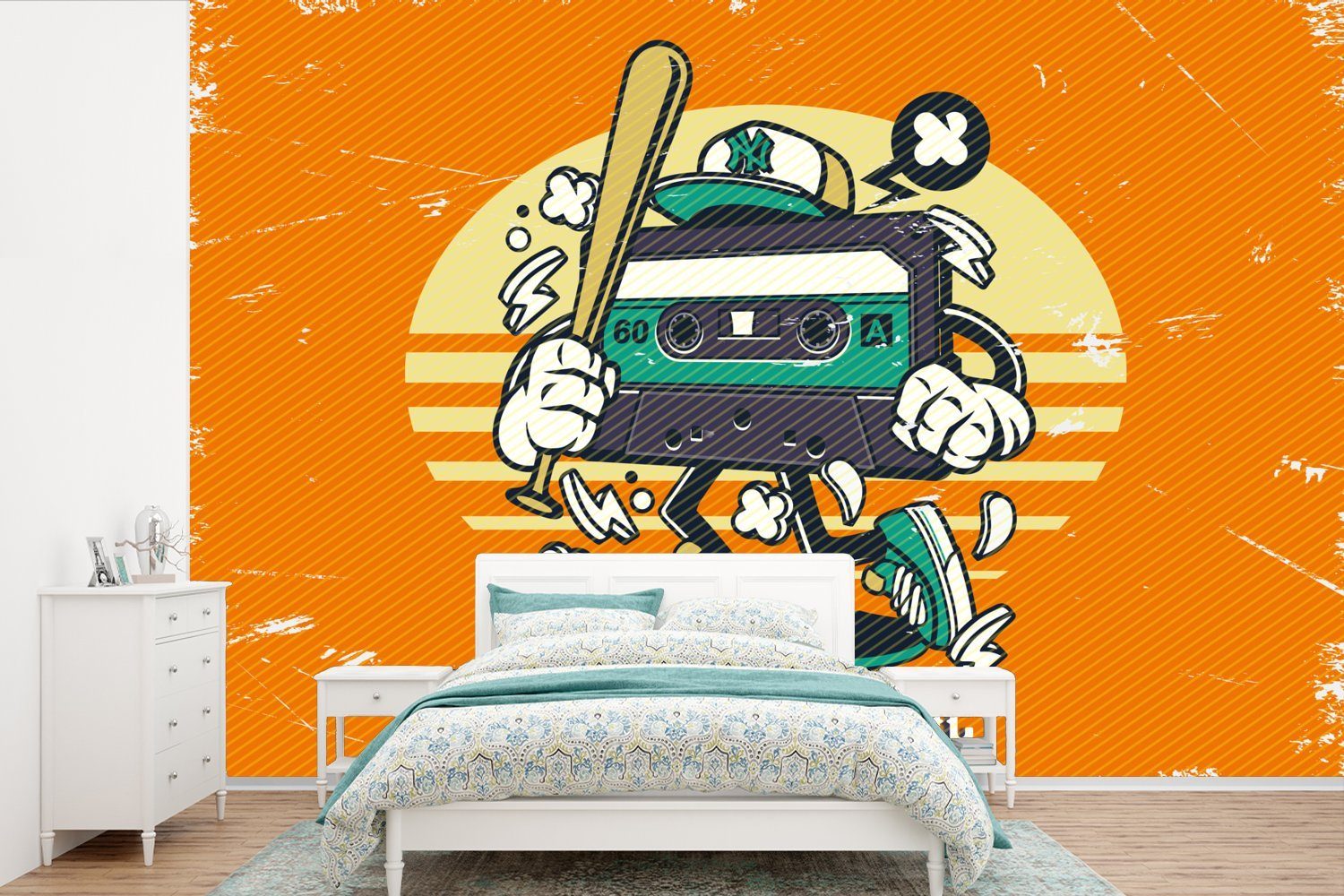 MuchoWow Fototapete Kassettenkassetten - Baseballschläger - Vintage, Matt, bedruckt, (6 St), Wallpaper für Wohnzimmer, Schlafzimmer, Kinderzimmer, Vinyl Tapete | Fototapeten