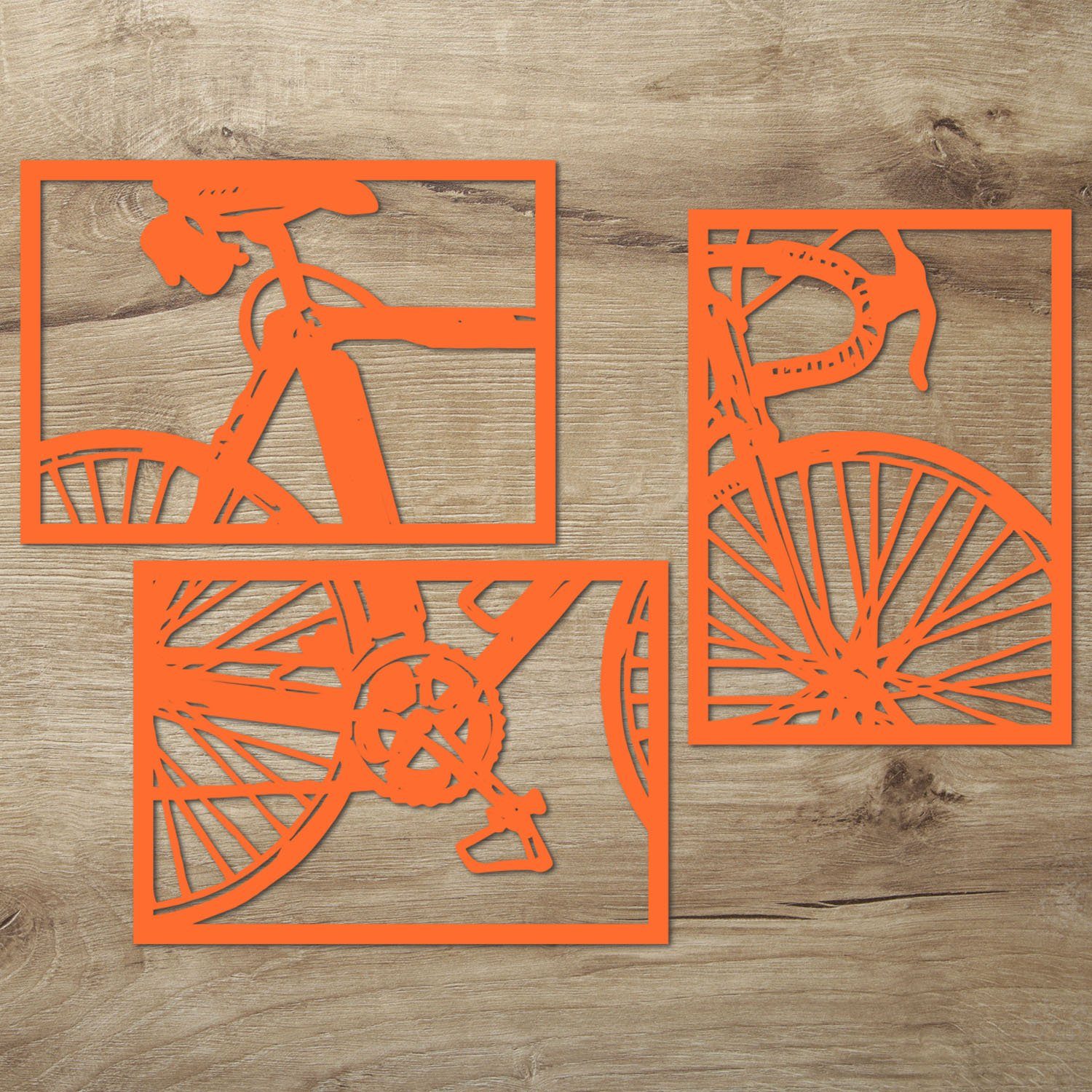Fahrrad Wanddekoobjekt Holz aus XXL Holz-Wandtattoo Orange (3-teilig), Namofactur Wandbild für Außergewöhnliches Dein zuhause