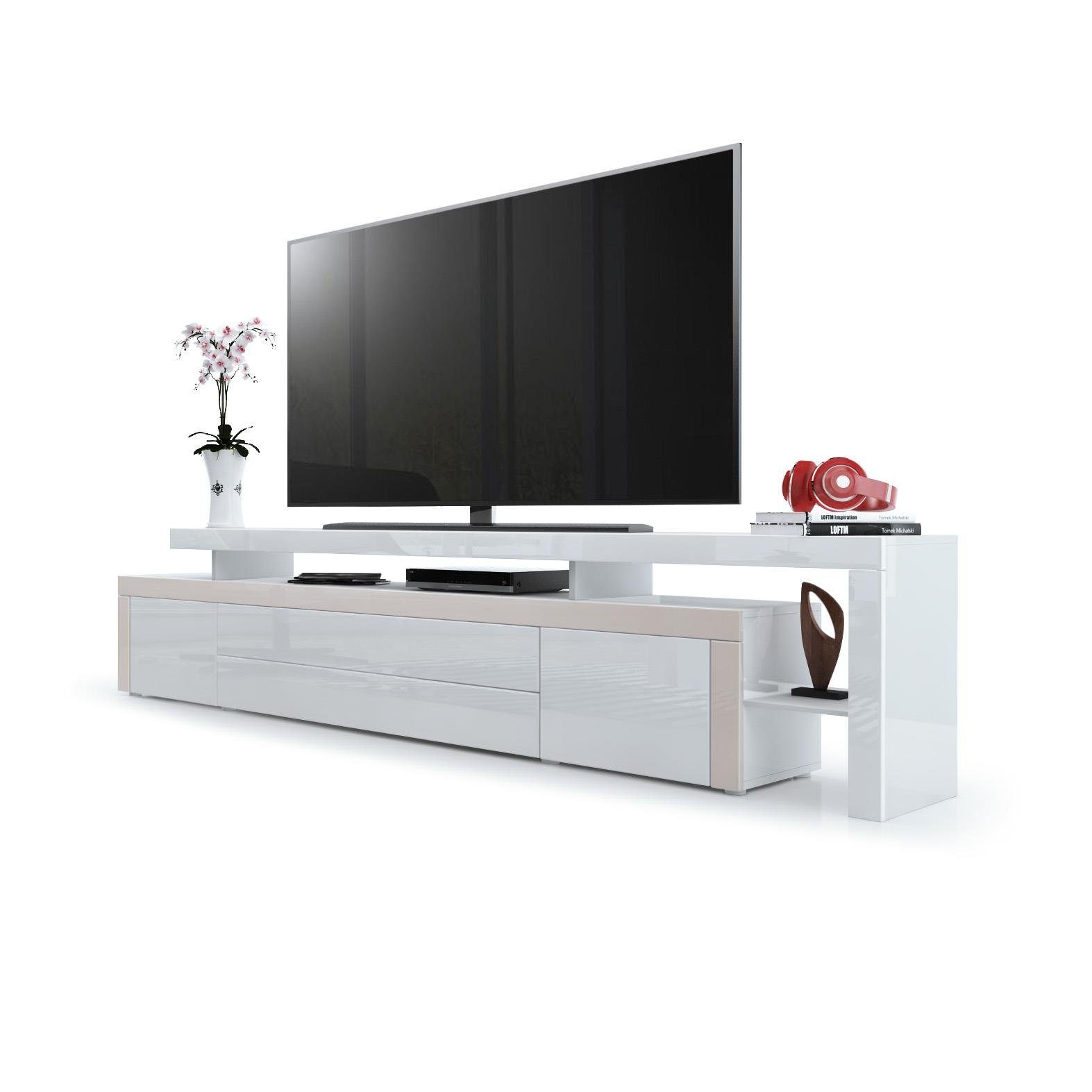 Vladon Lowboard Leon (TV-Kommode, mit zwei Türen, zwei Schubkästen und einem modernen Überbau), Weiß Hochglanz/Sandgrau Hochglanz (227 x 52 x 35 cm)