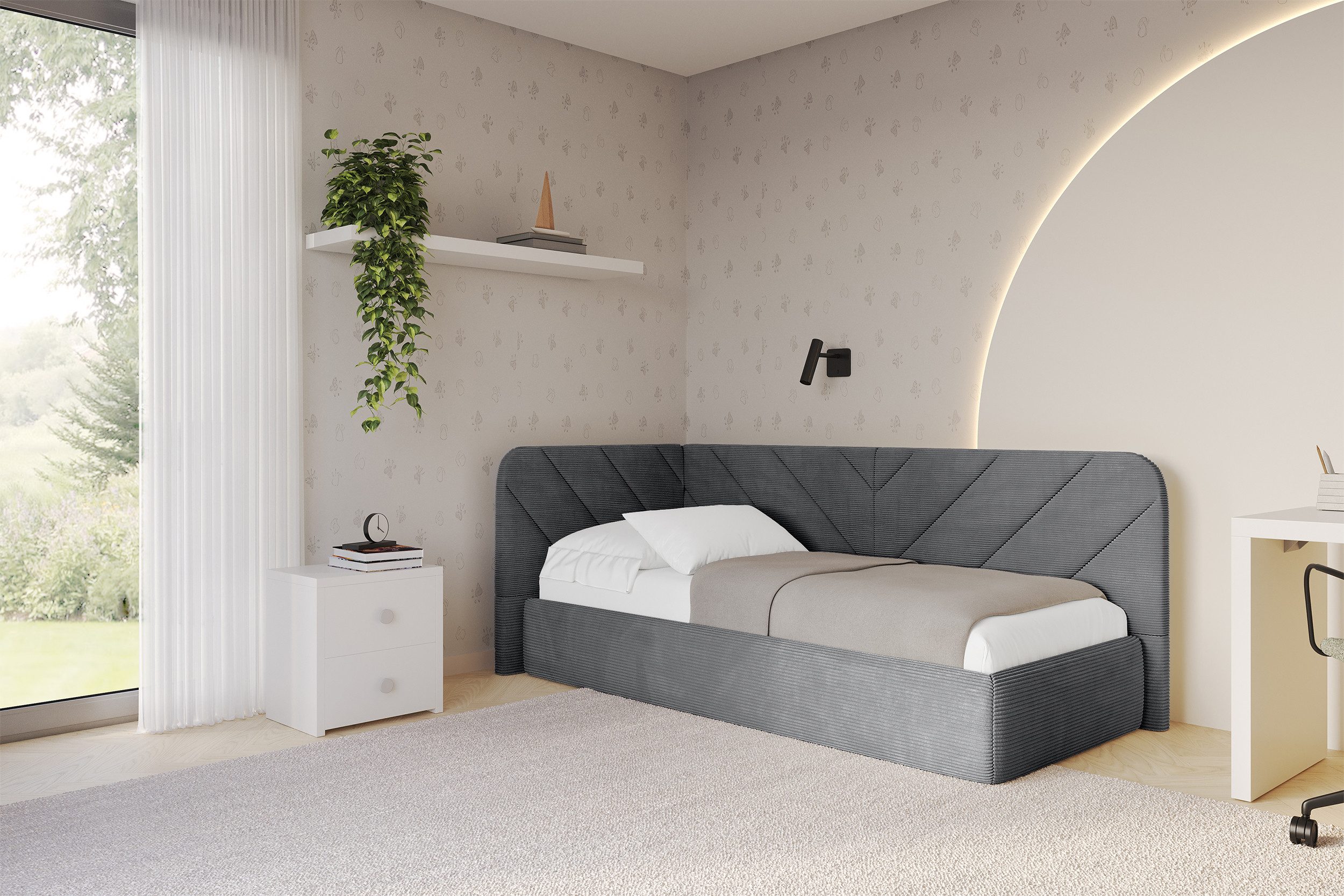 ALTDECOR Jugendbett FIKY (Jugendbett mit Bettkasten und Lattenrost, Polsterbett ohne Matratze), Einzelbett mit Stauraum, Bett mit Kopfteil