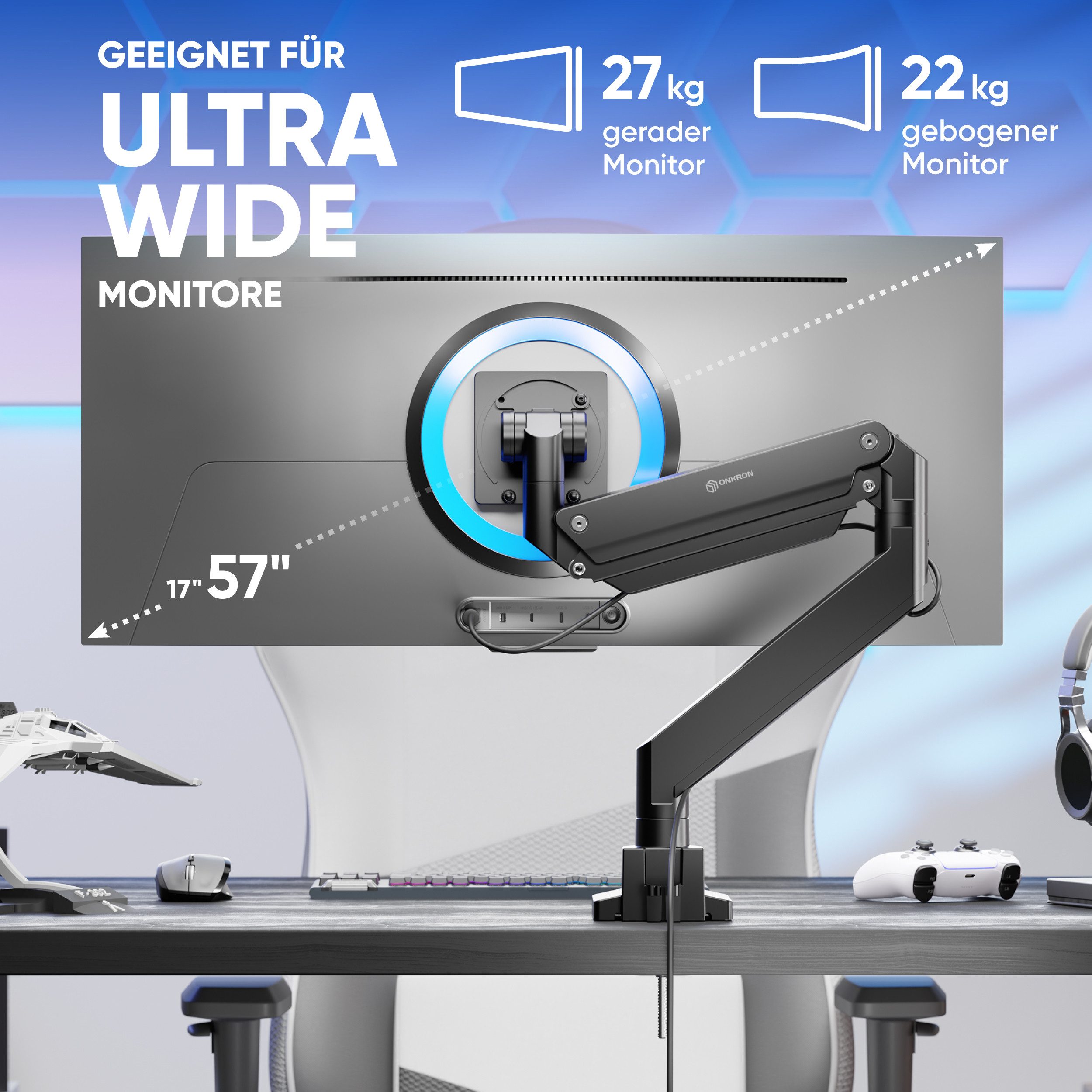 ONKRON Monitor-Halterung 17-57 Zoll, bis 27 kg, VESA 75x75-200x200, G130-B, (bis 57 Zoll, neigbar, schwenkbar, drehbar, Gasdruckfeder, Kabelmanagement)