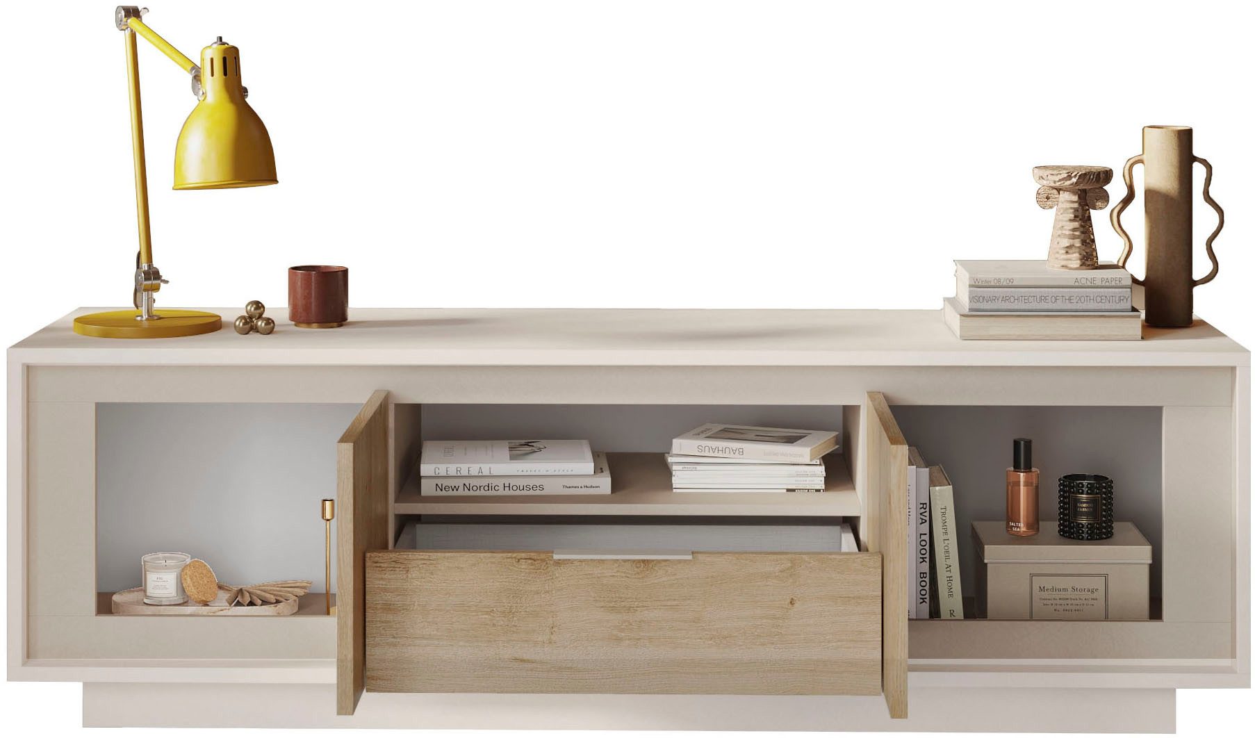Home affaire Lowboard Sky, B/T 180/50 cm, TV-Schrank/Medienboard, 2 Türen, 1 Schubkasten, Softclosing, Korpus & Front 22 mm stark, Rahmen-Optik, Metallgriff