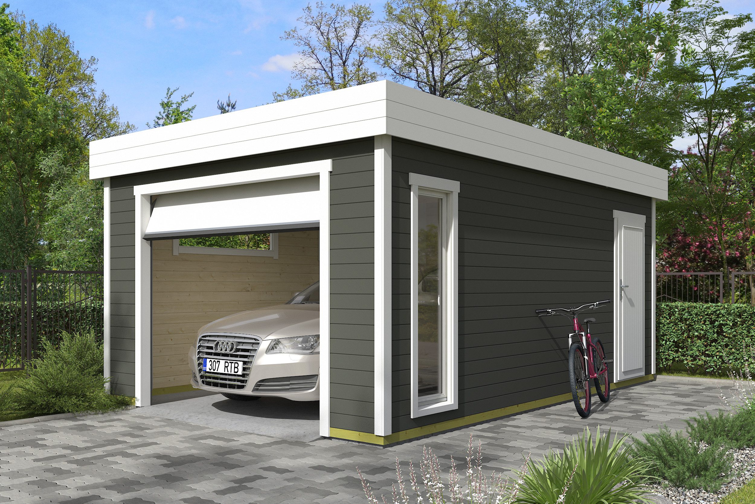 Nordic Holz Garage BAHAMAS 2, BxT: 380x560 cm, 205 cm Einfahrthöhe, mit Sektionaltor