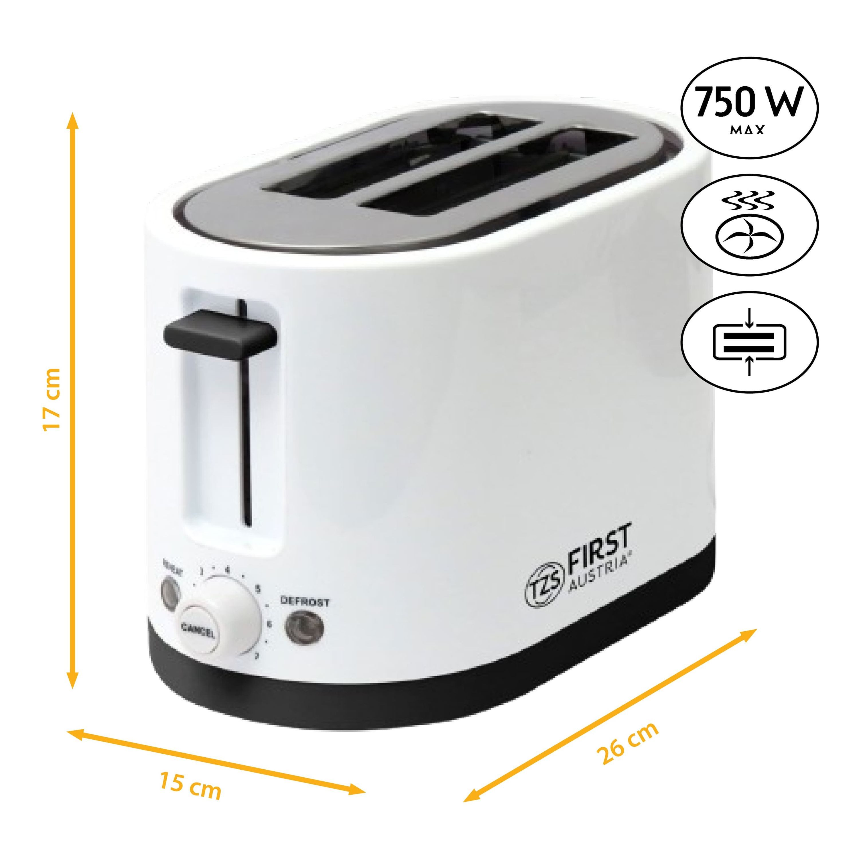 TZS FIRST AUSTRIA Toaster 750W, 2 Scheiben, 7 Stufen, weiß, für 2 Scheiben, 0 W, Warmhalte- und Auftaufunktion, inkl. Krümelschale