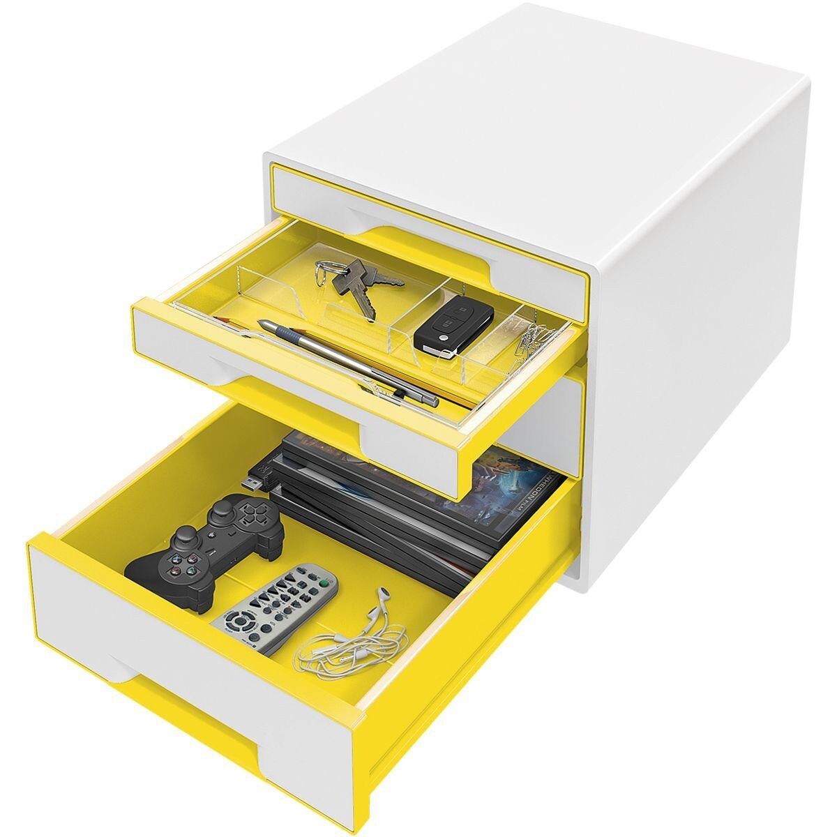LEITZ Schubladenbox WOW 5213, Cube mit Schubladen, 4 metallic stapelbar gelb geschlossen