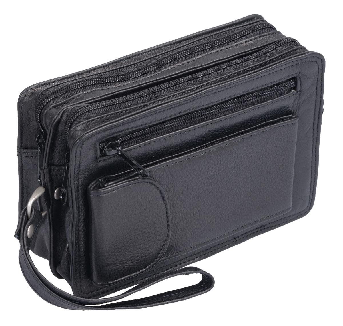 Handgelenktasche Herrengelenktasche Leder schwarz mit Reißverschlussfächern