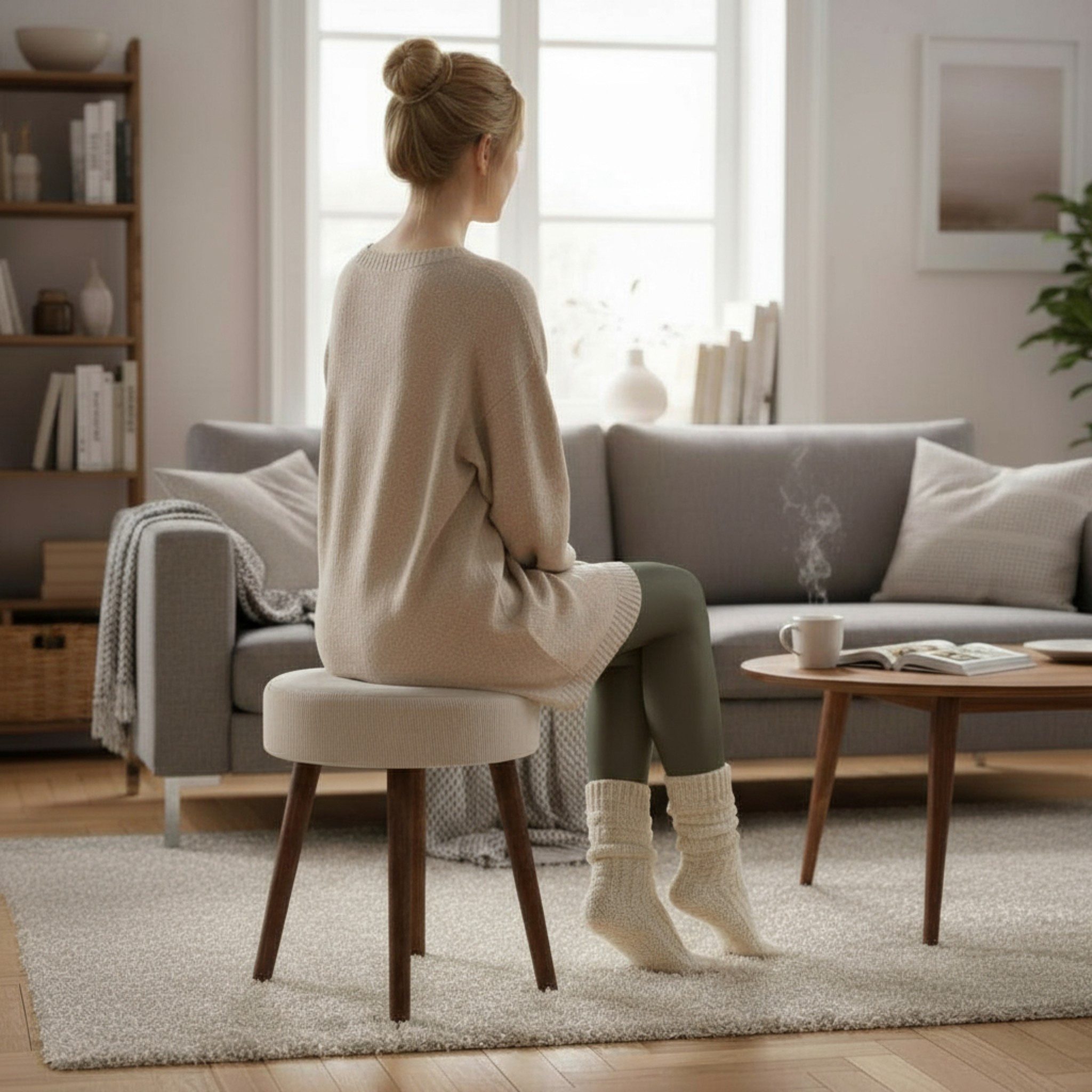 Meinposten Polsterhocker Hocker Fußhocker Cord Holzbeine Sitzhocker rund beige 35x45 cm (1 St)