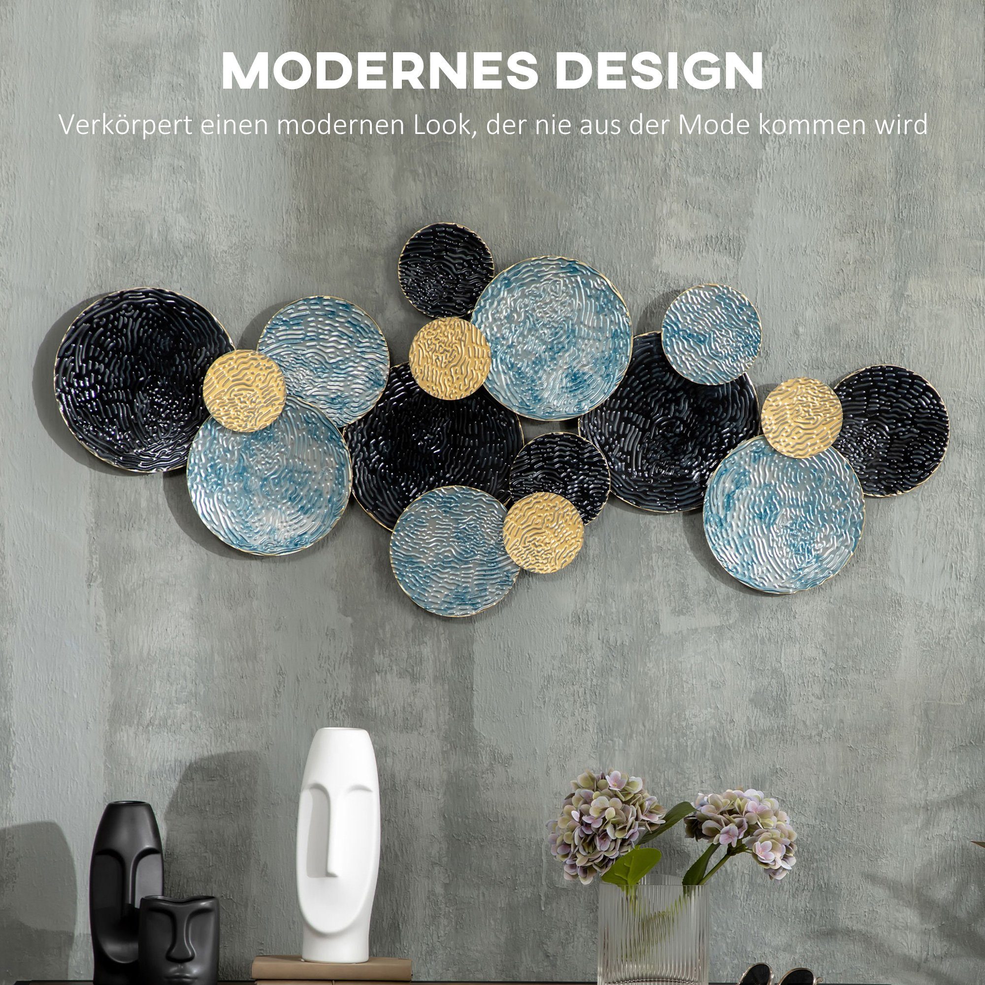 HOMCOM 3D Wandbild Wandornament Wanddekoration Metallbild Wandskulptur, Rund (Wohnzimmer-Kunst, 1 St), Modern 121 x 53 cm