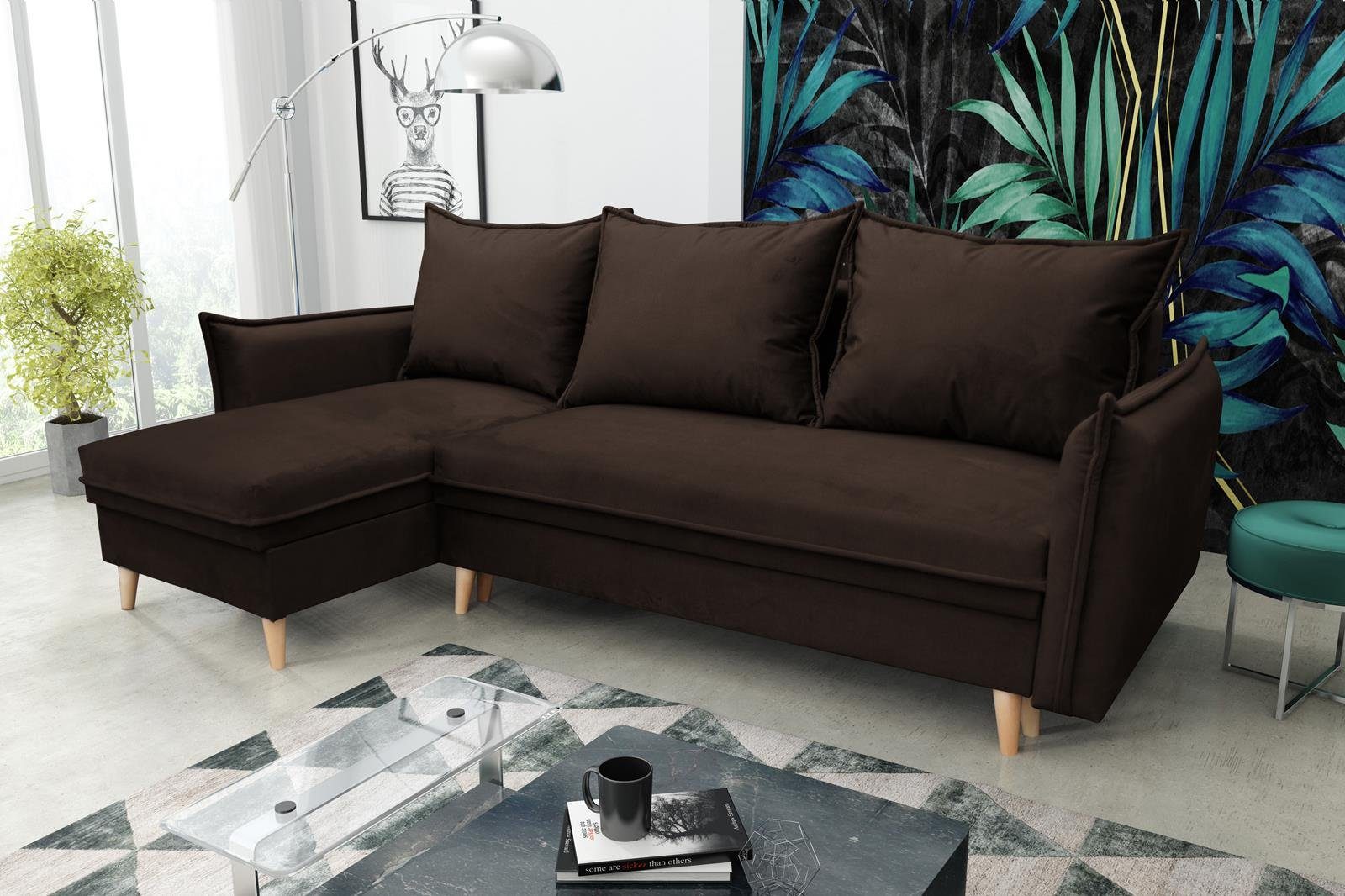 Beautysofa Velors, Schlaffunktion Pillow, universelle Braun im Polsterecke 06) Ecke (kronos mit mane,aus Bettkasten und Stil, mit Ecksofa skandinavisches Eckcouch