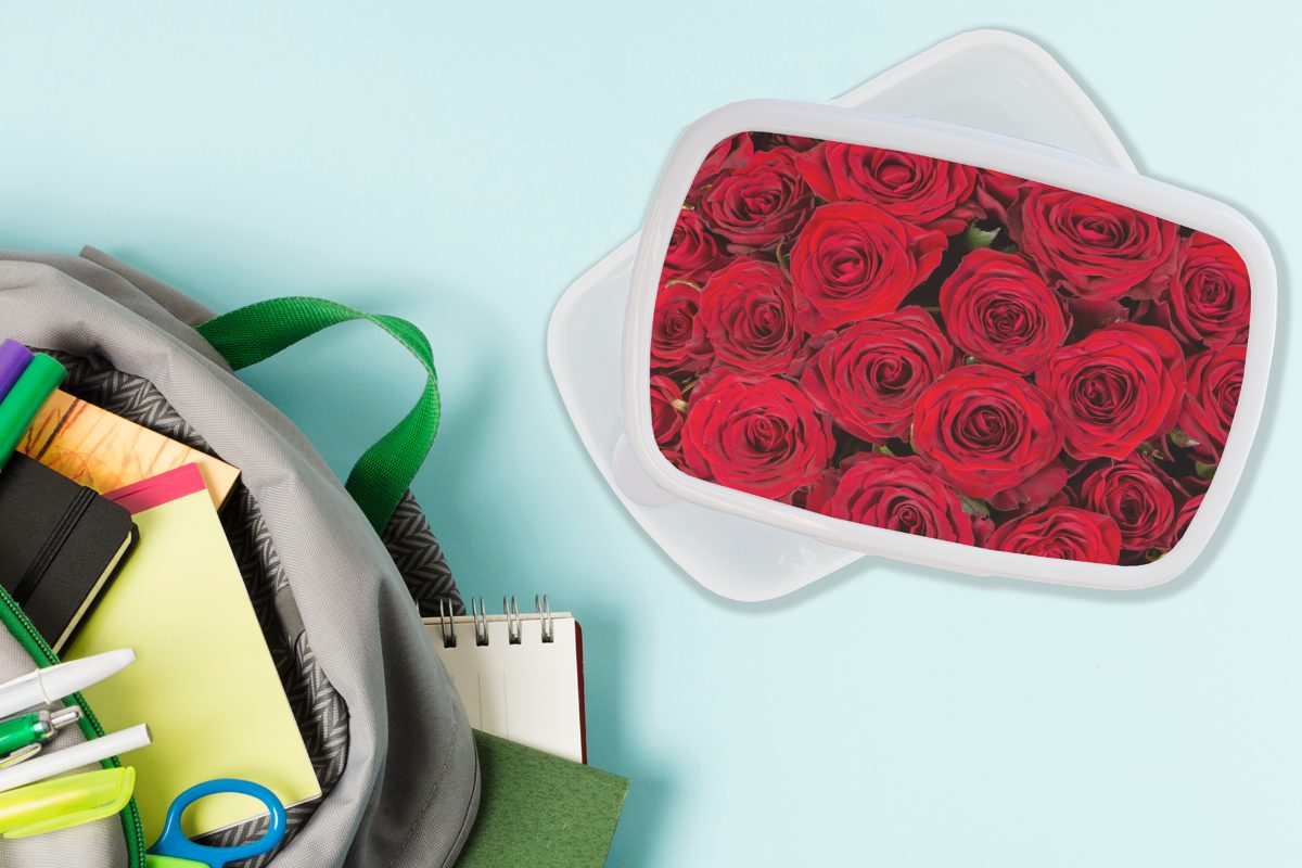 für Rot und Brotdose, Lunchbox - Erwachsene, (2-tlg), Jungs weiß MuchoWow Blumenstrauß, Mädchen und Brotbox Rosen für - Kunststoff, Kinder
