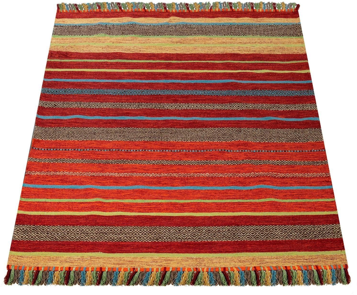 Paco Home Teppich Kilim 213, rechteckig, Höhe: 12 mm, handgewebter Wendeteppich, reine Baumwolle, gestreift, Wohnzimmer