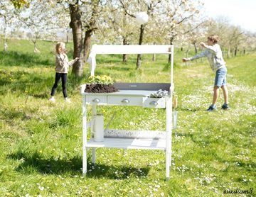 WONDERMAKE Pflanztisch groß weiß mit 3 Schubladen aus Holz wetterfest, Garten-Arbeitstisch XL, Outdoor draußen Balkon hochwertig, Gärtnertisch Umtopftisch, weiß grau