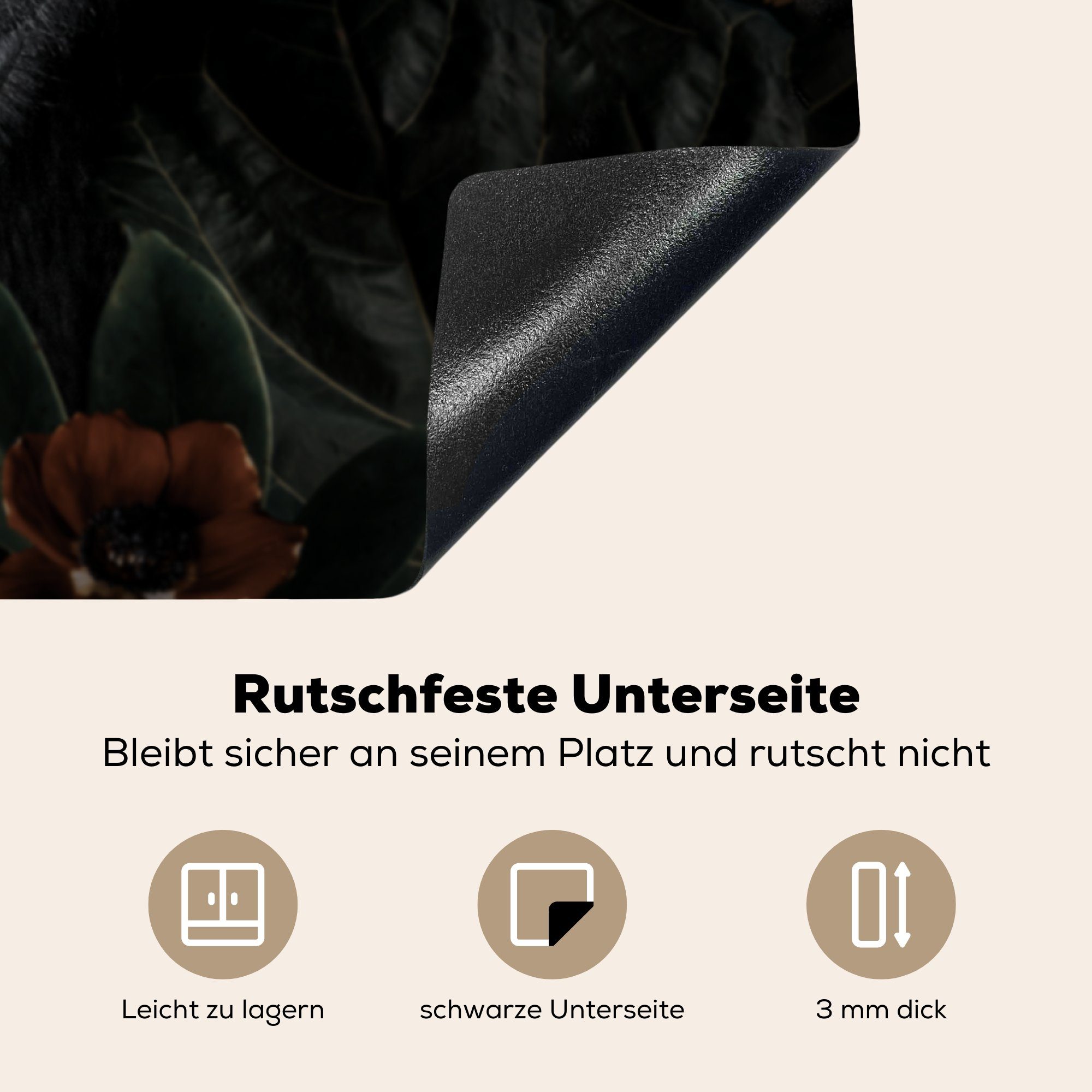 küche Tiere (1 für MuchoWow Schwarz, Affe Herdblende-/Abdeckplatte Blumen - Arbeitsplatte - 78x78 Ceranfeldabdeckung, cm, - tlg), Vinyl,