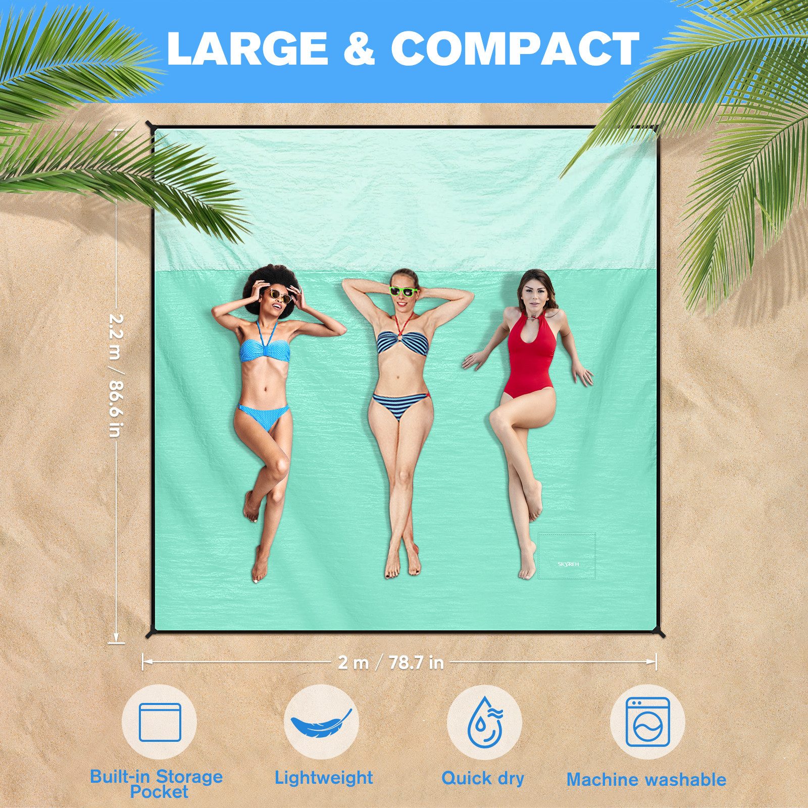 Picknickdecke Stranddecke Sandfrei super groß 210x200 cm, Sanddicht Wasserdicht, Fintie, Super Leicht Dünn Bequem Langlebiges Material, Strandmatte, Strandtuch