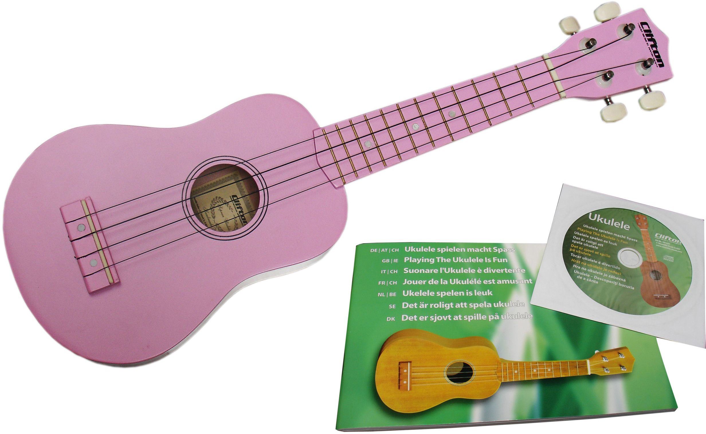 Clifton Ukulele Sopran Ukulele mit Buch und CD, rosa