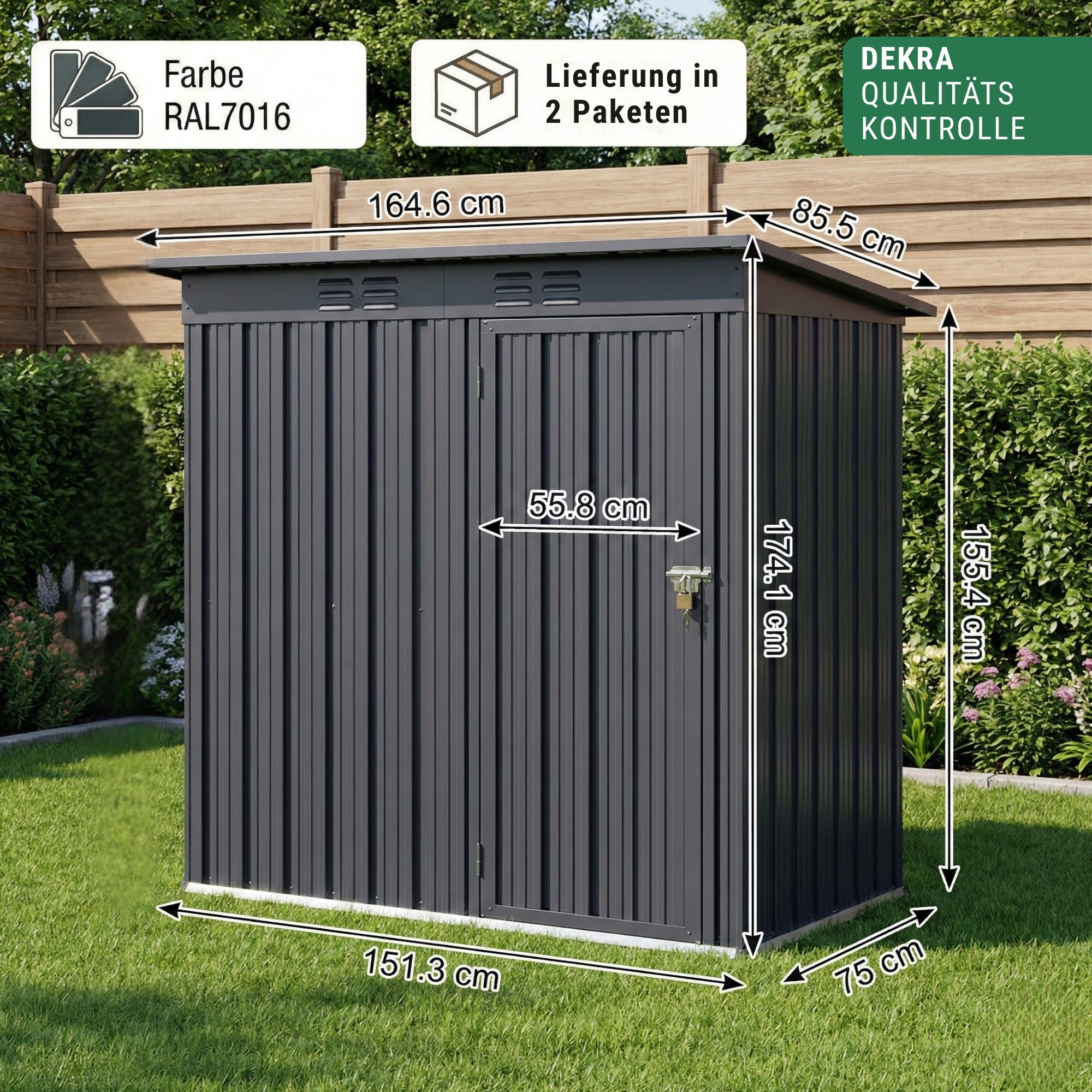 Albatros International Gerätehaus Profi Gerätehaus wetterfest Geräteschuppen Gartenschrank Gartenhaus, BxT: 151.5x75 cm, (S, 165x86x174cm), verzinktes Metall Anthrazit (RAL 7016) Inkl. Schloss & Werkzeughaken