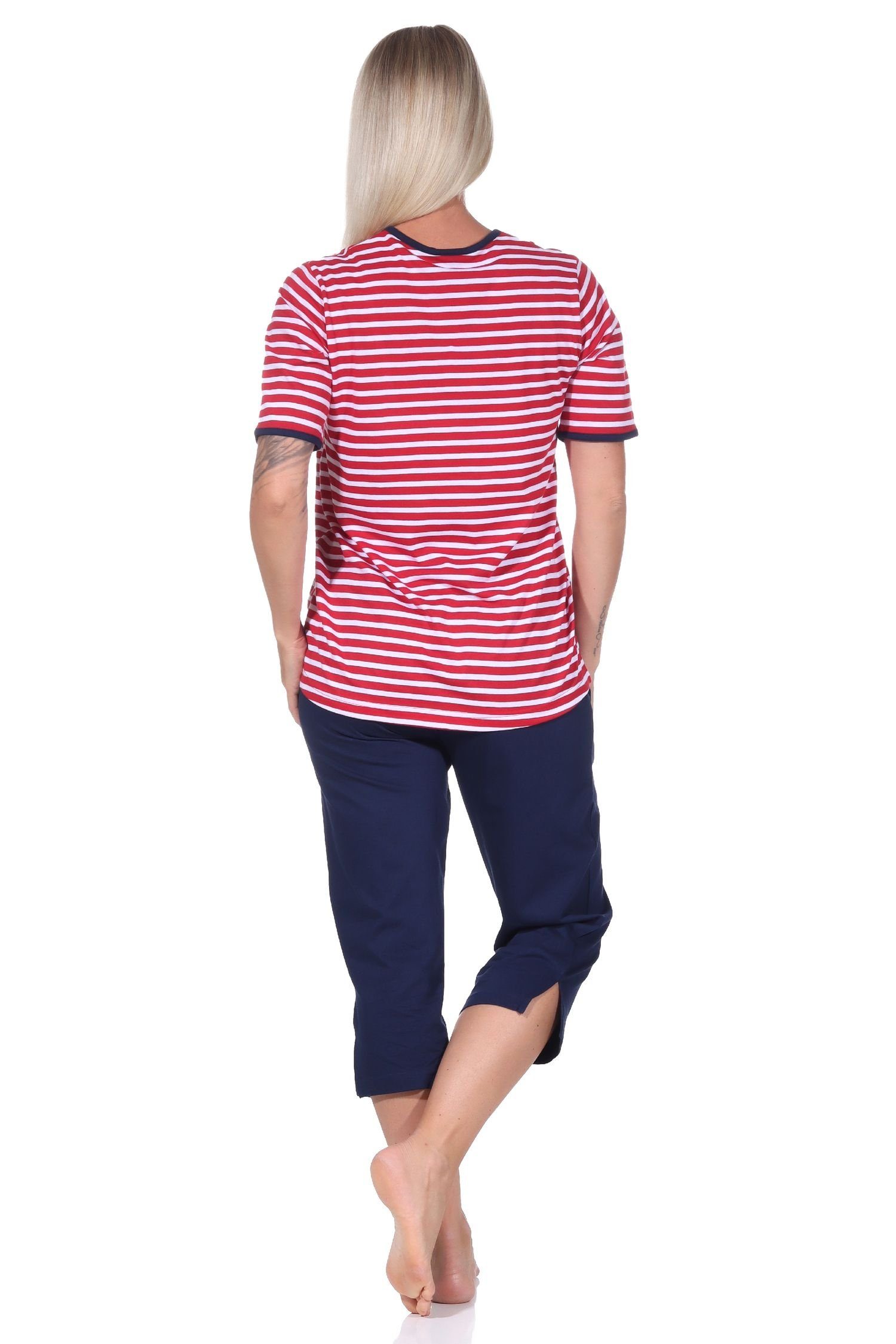 Motiv Capri rot Damen kurzarm Pyjama mit Oberteil Maritimer Anker Normann Schlafanzug,
