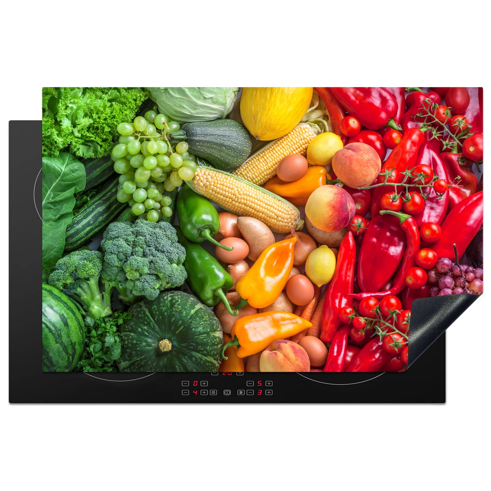 MuchoWow Herdblende-/Abdeckplatte Obst - Gemüse - Regenbogen, Vinyl, (1 tlg), 81x52 cm, Induktionskochfeld Schutz für die küche, Ceranfeldabdeckung