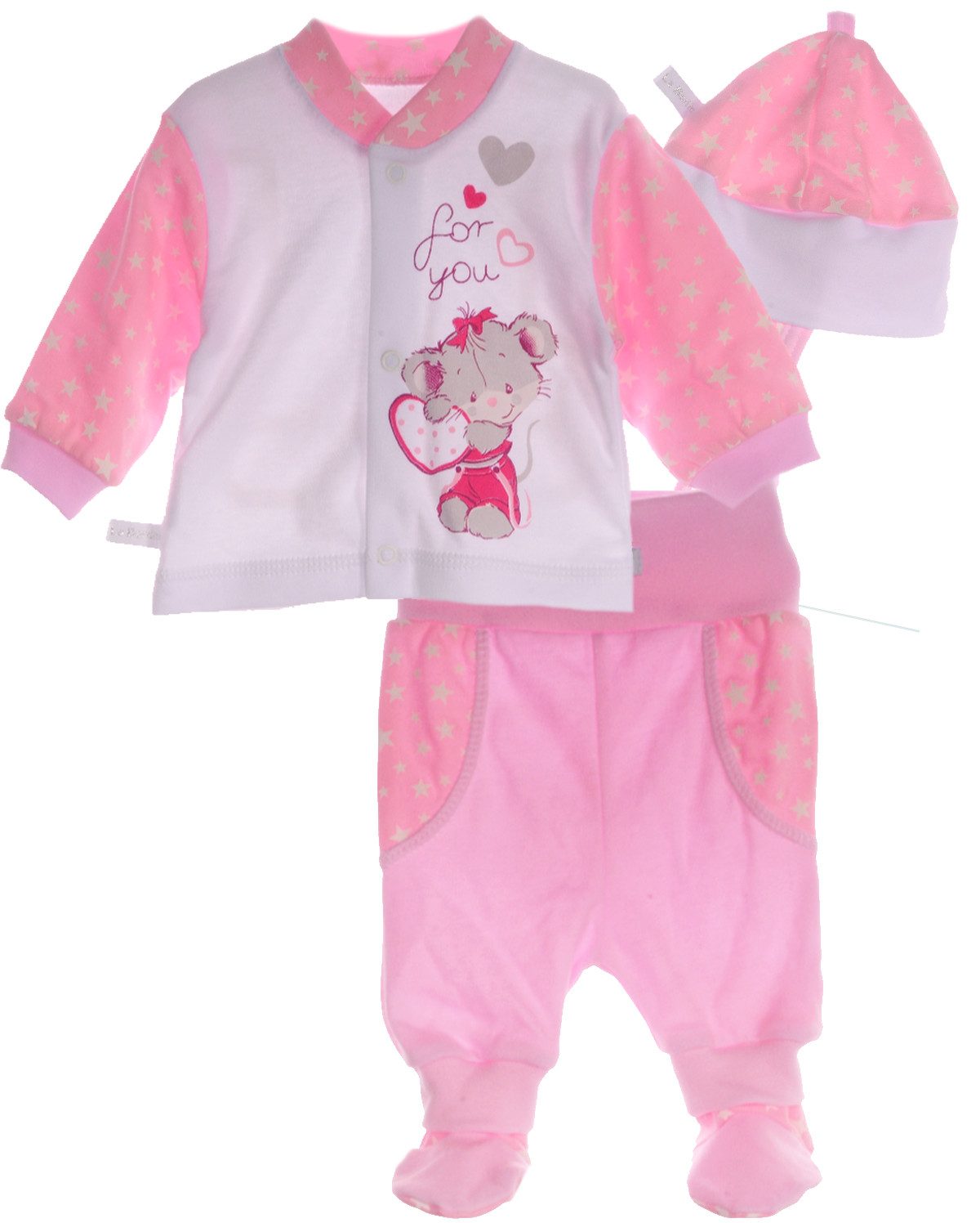 La Bortini Langarmshirt & Hose Baby anzug 3tlg Hemdchen Schlupfhose Mütze mit Mäuschen aus reiner Baumwolle, mit Sternchen, 44 50 56 62 68 74