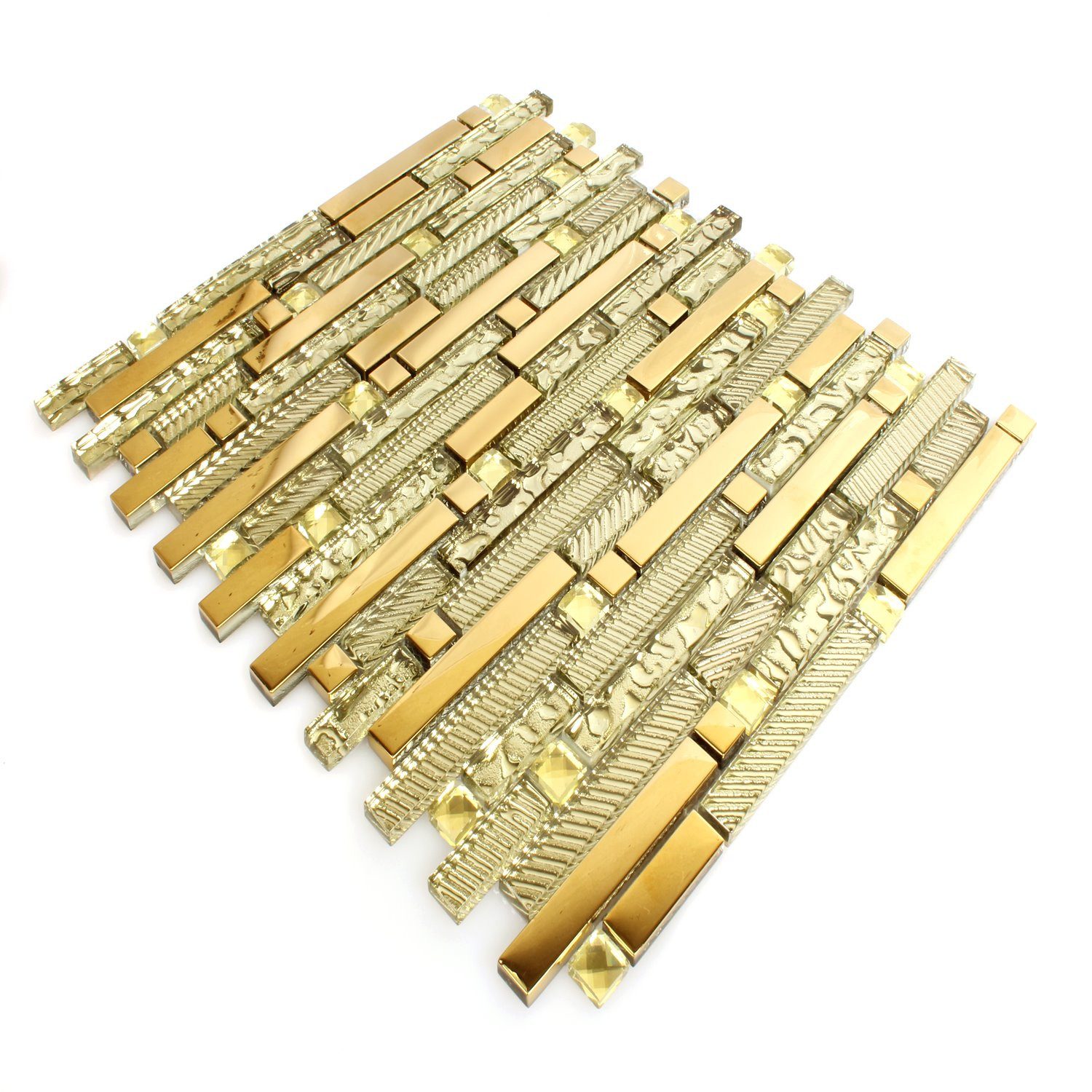 Mosafil Mosaikfliesen Glasmosaik Fliesen Strukturmix Gold 15x62x8mm, Glas 33.800x29.800, gold, Verlegefertig auf ein Netz geklebt