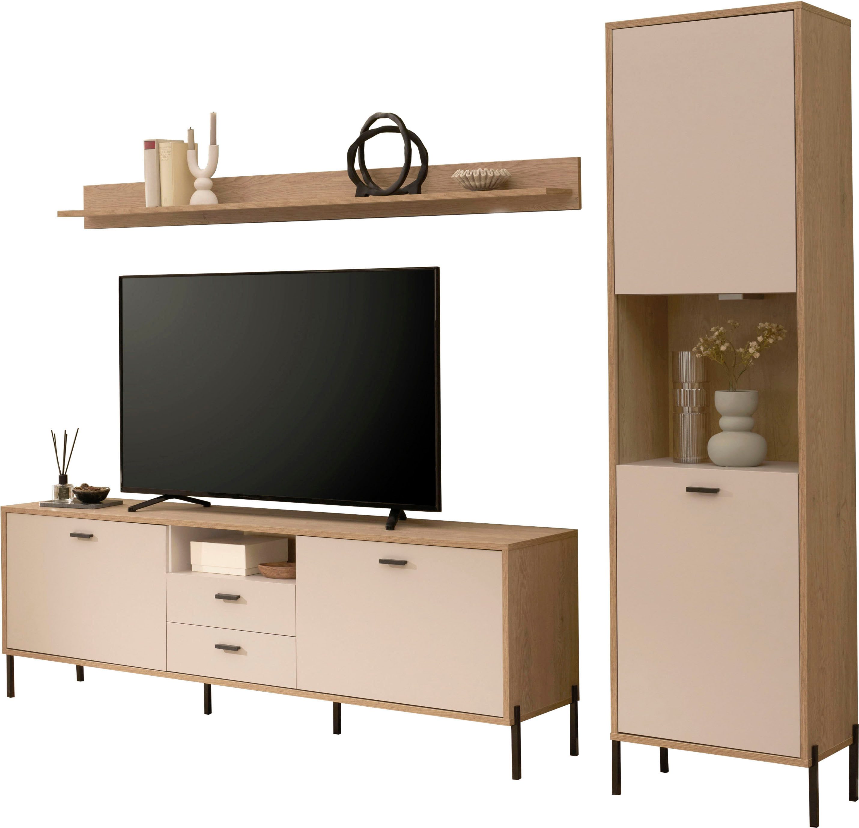 Home affaire Wohnwand Fredericia, moderne Anbauwand, Komplettset in Kaschmir, (Set, 3-St), enthält Vitrine, Lowboard und Wandboard, 259 cm breit