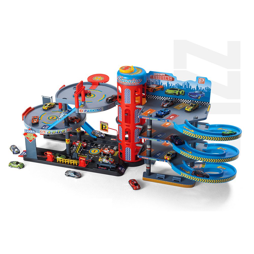 TikTakToo Spiel-Parkgarage XXL Parkhaus Spielset mit Aufzug, 4 Etagen und, 8 Spielzeugautos, Fördert Kreativität und Rollenspiel