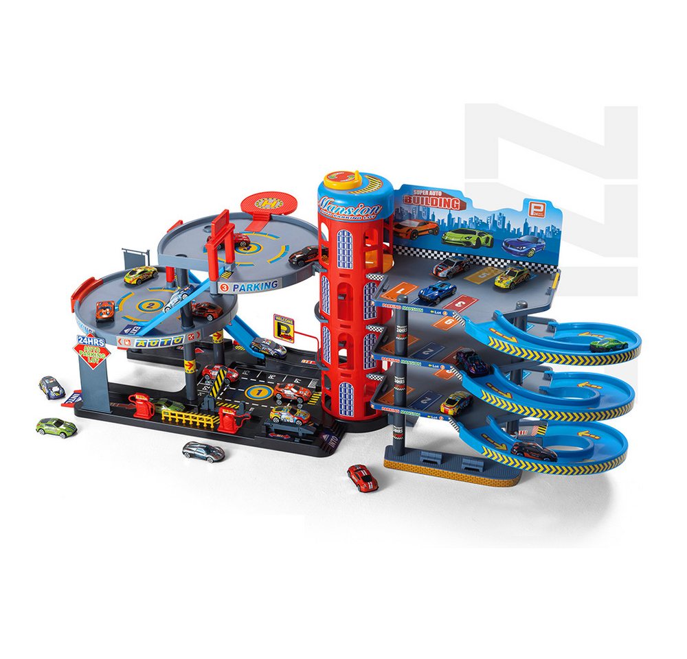 TikTakToo Spiel-Parkgarage XXL Parkhaus Spielset mit Aufzug, 4 Etagen und, 8 Spielzeugautos, Fördert Kreativität und Rollenspiel