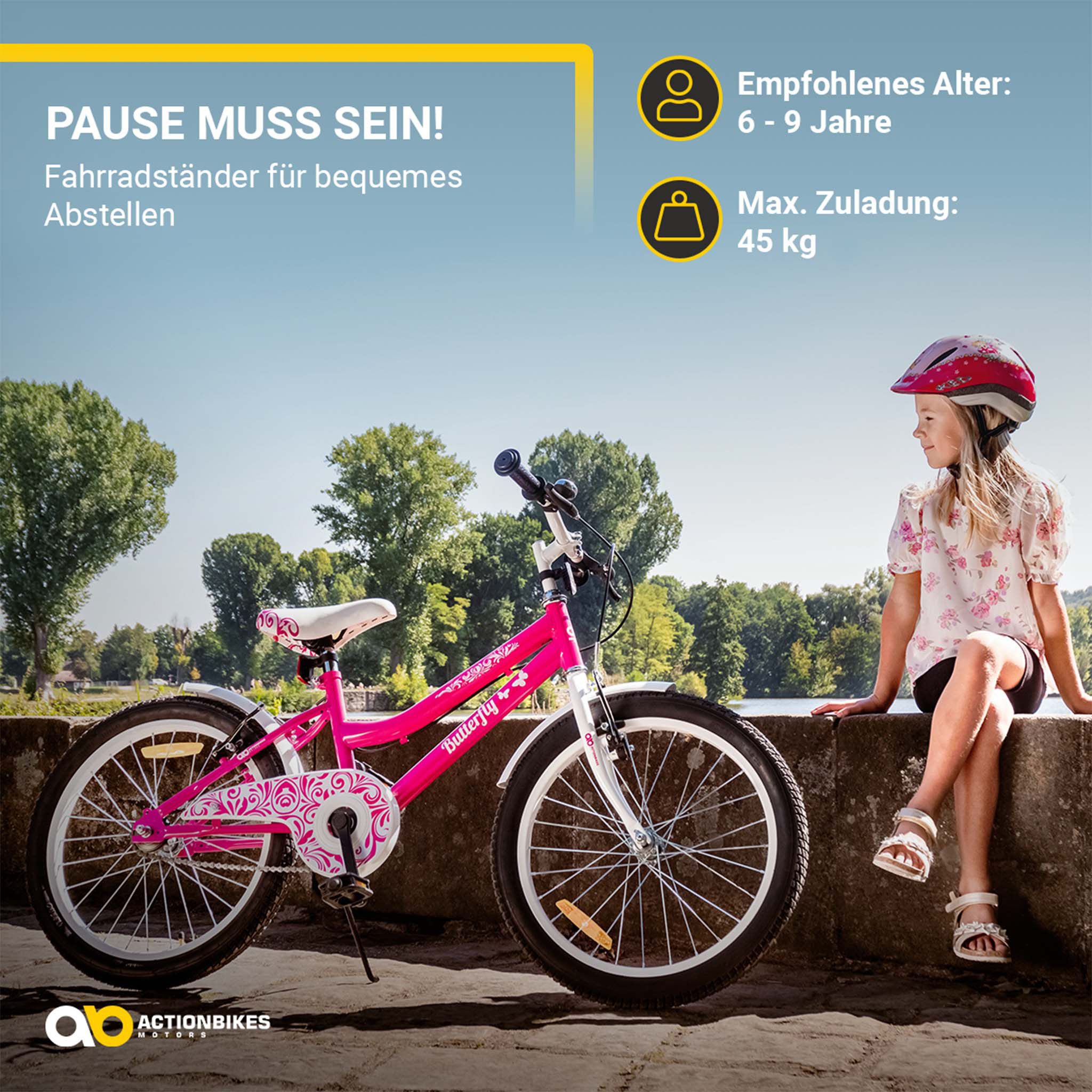 Actionbikes Motors Kinderfahrrad Mädchen Butterfly 20 Zoll - ab 6 Jahre, 1 Gang, (Kinderfahrrad für Mädchen, Kinderfahrrad 20 Zoll, 1-tlg., Fahrrad für Kinder, Mädchen Fahrrad, Kinderfahrrad ab 6 Jahre), höhenverstellbares Bike, Fahrrad mit Ständer & Kettenschutz