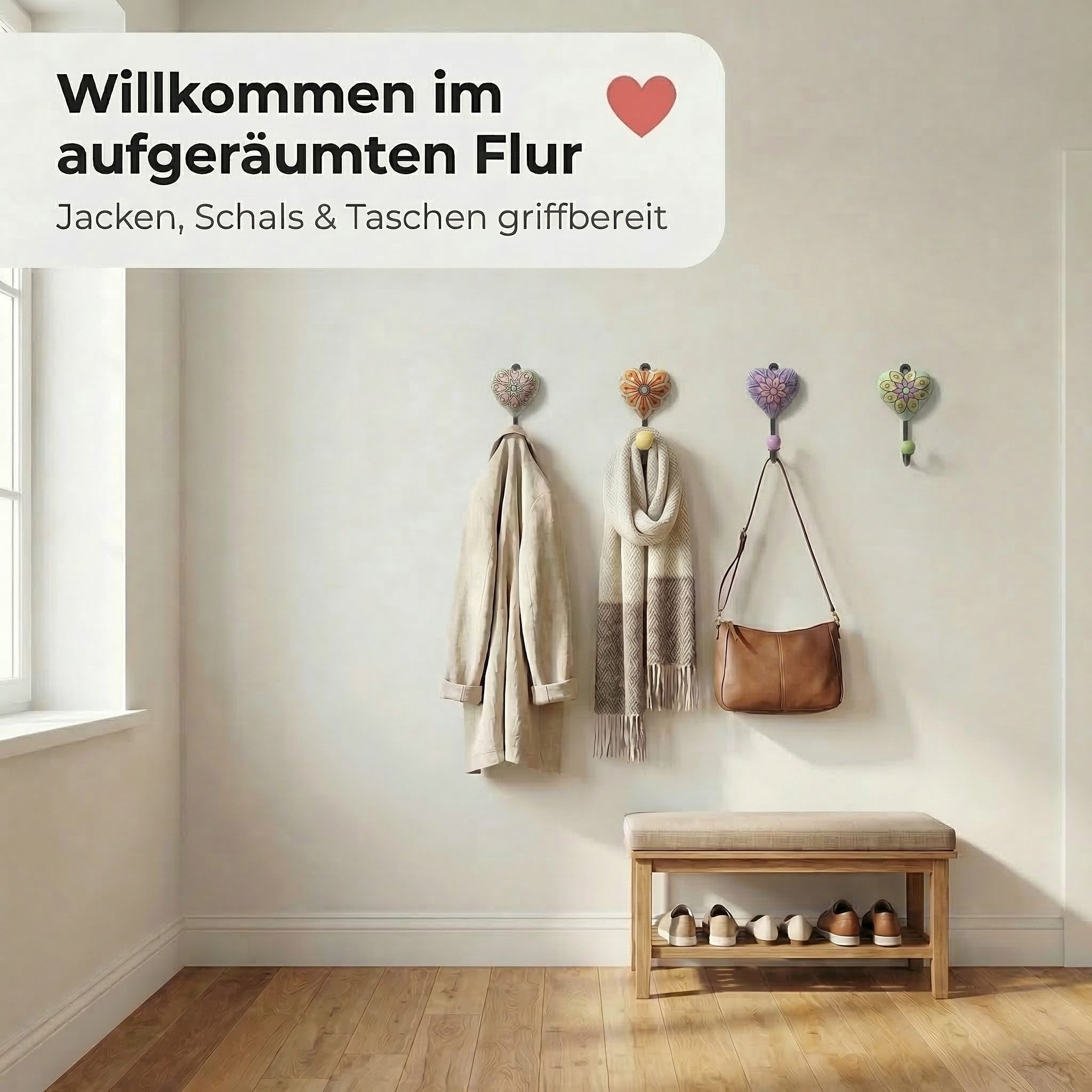 LK Trend & Style Garderobenhalter Dekorative Wandhaken Set, Herz-Design mit Blumenmuster (5 St), Keramik und Metall, lackierte Oberfläche – Bild 5 von 5
