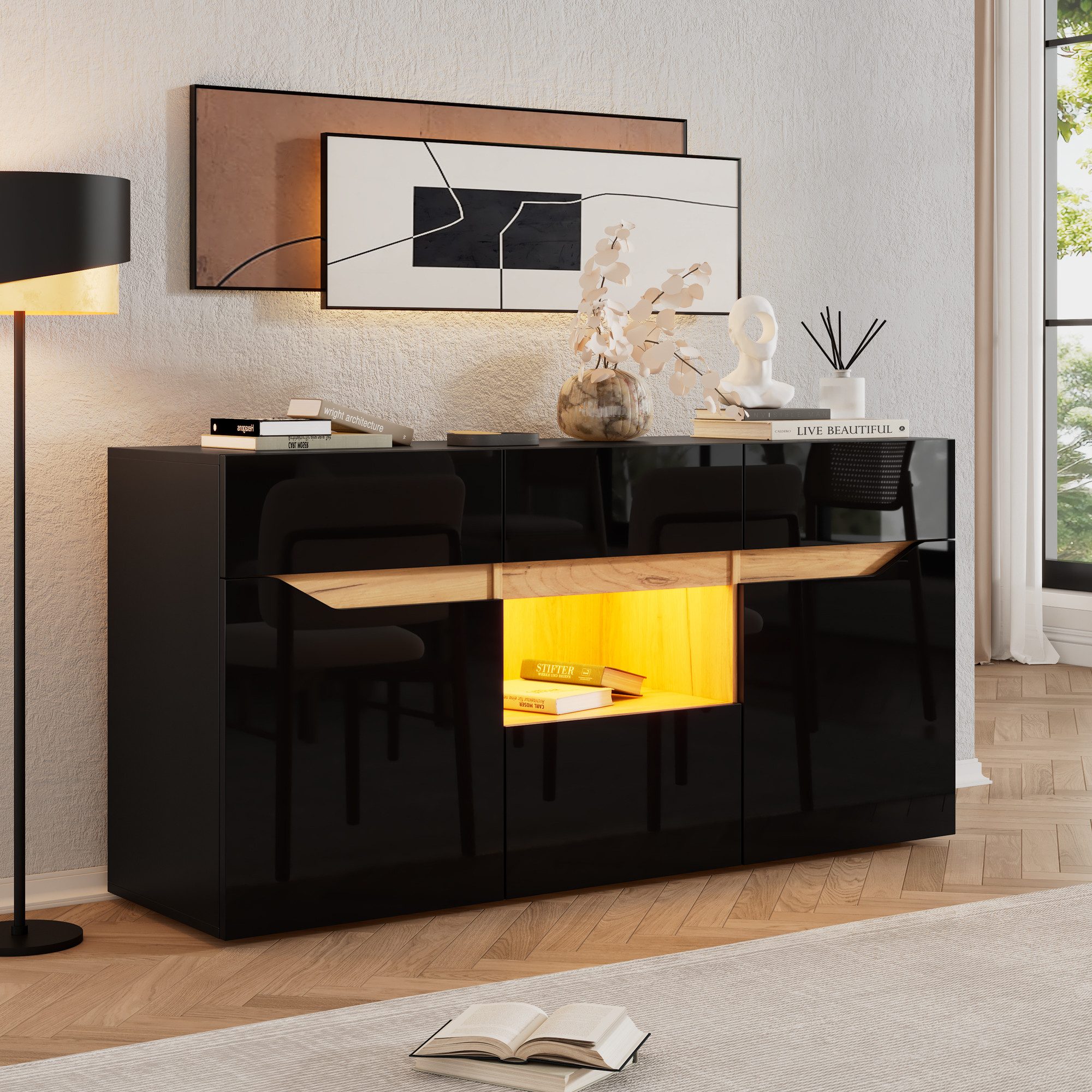 STILVORA Sideboard mit Schubladen Aufbewahrungsschrank mit zwei Fächern breite grifflose (Wohnzimmeranricht mit Vielfältige Aufbewahrung, 1 St., Hochglanz-Sofa-Schrank mit LED-Beleuchtung), vielseitig einsetzbar, Schwarz+Holzfarbe