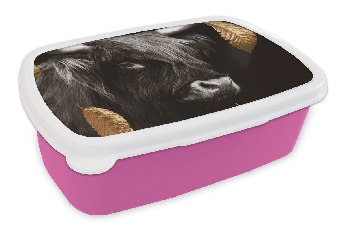 MuchoWow Lunchbox Gold - Schottischer Kunststoff Brotbox Highlander rosa (2-tlg), Snackbox, - für Mädchen, Kunststoff, Erwachsene, Brotdose Blätter, Kinder