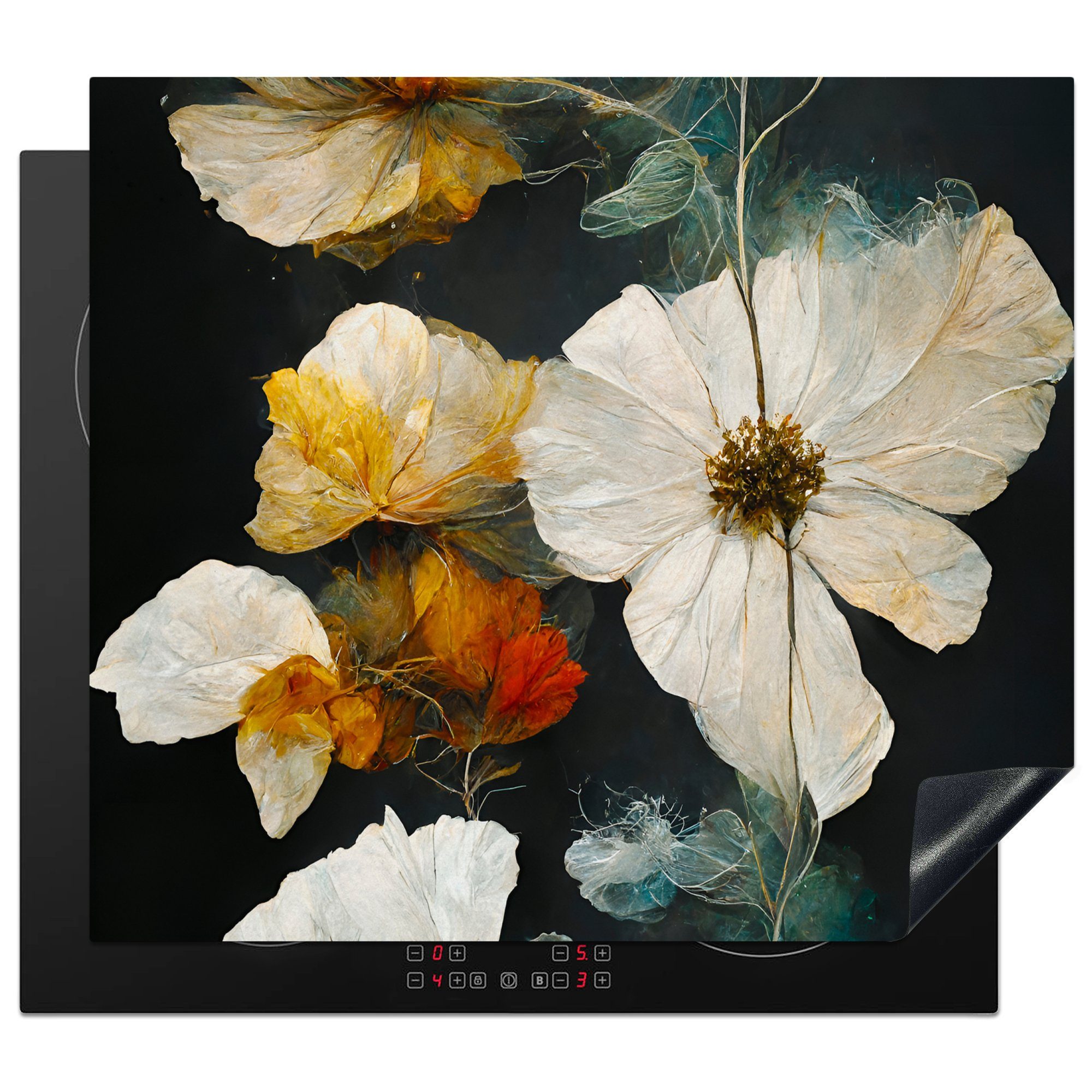 MuchoWow Herdblende-/Abdeckplatte Blumen - Pflanzen - Schwarz - Weiß, Vinyl, (1 tlg), 60x52 cm, Mobile Arbeitsfläche nutzbar, Ceranfeldabdeckung | Herdabdeckplatten