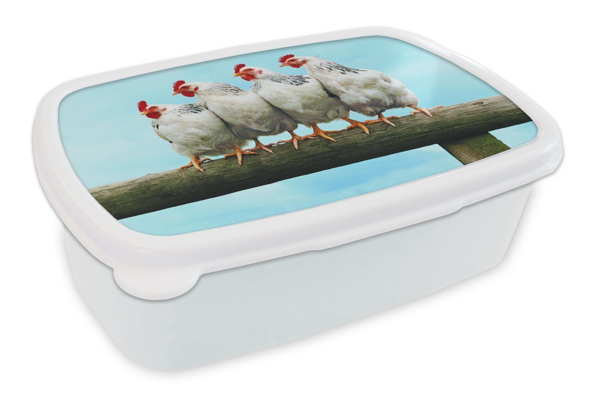 für Mädchen (2-tlg), Erwachsene, Stock, Brotdose, Vier MuchoWow einem Kinder Jungs auf Kunststoff, und für Hühner weiß Lunchbox Brotbox und