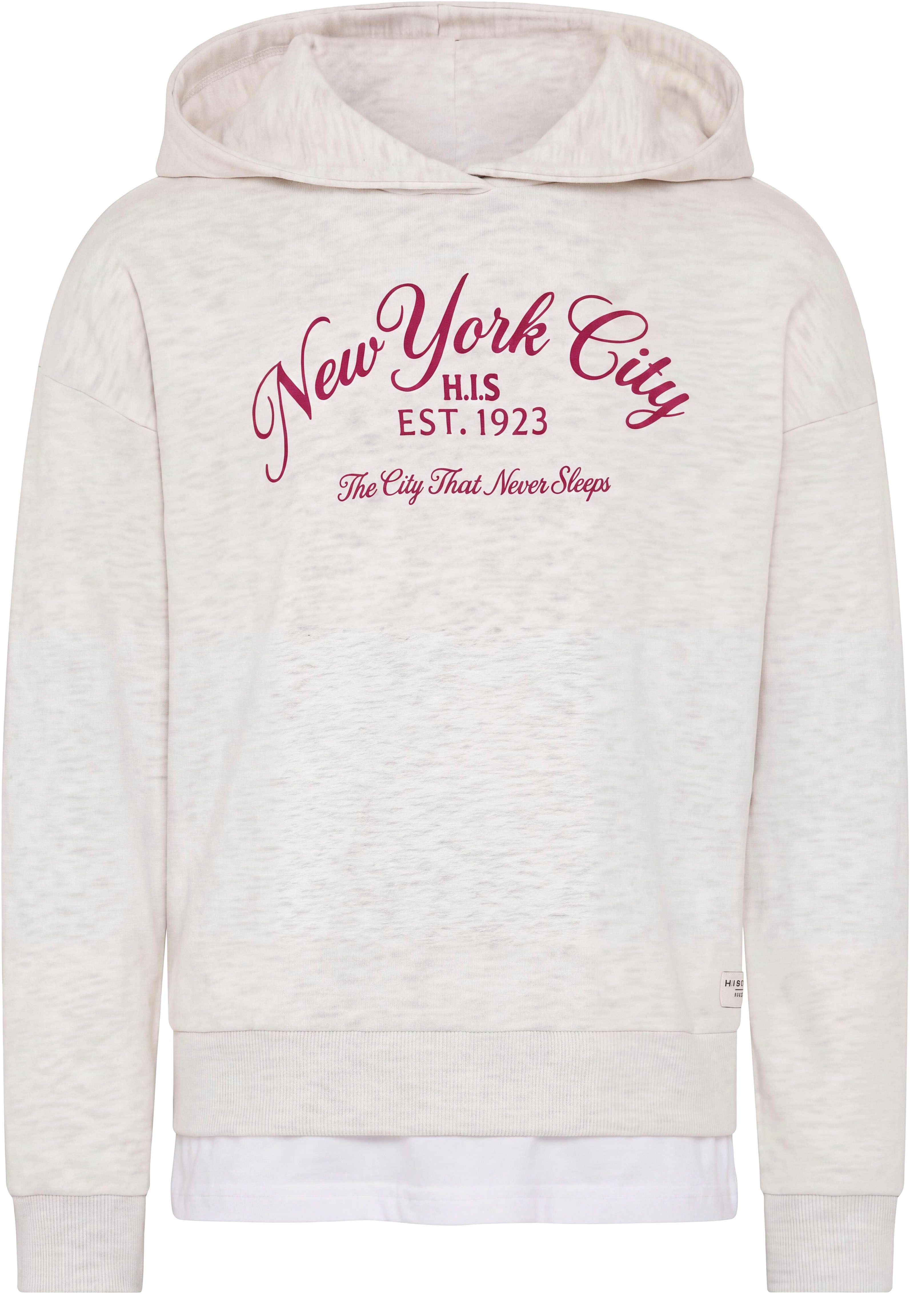 H.I.S Kapuzensweatshirt 2in1 look, H.I.S Sweatshirts mit New York Druck Hoodie mit modischem Druck und Badge, in weich angerauter Sweatware – Bild 5 von 5
