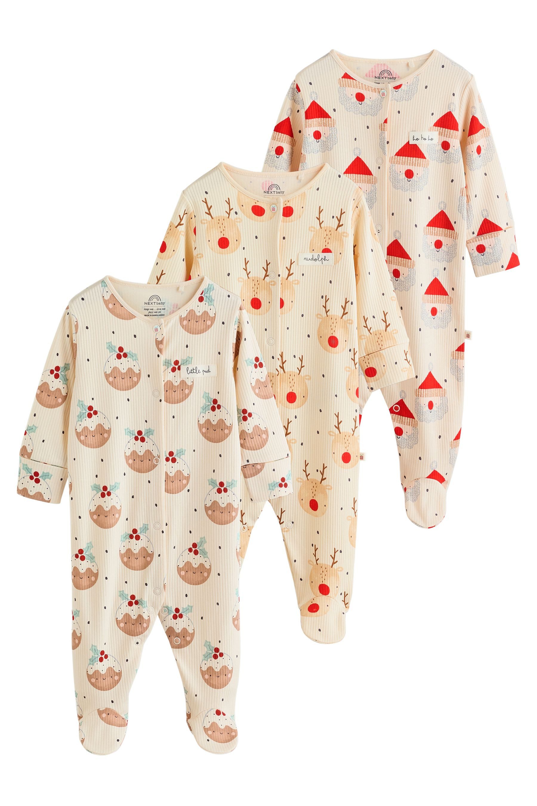 Next Schlafoverall 3 x Baby Weihnachts-Schlafanzüge mit Druckknöpfen (3-tlg)