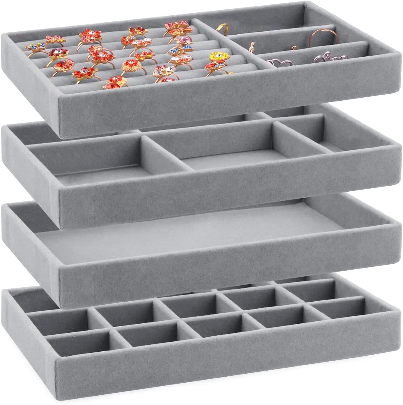 FOUORTUNATE-BEE Schubladeneinsatz Schmucktablett 4er-Set, Schmuck Organizer für Schubladen und Kommode, Schmuckeinsätze für Schubladen, für Ringe, Ohrringe und Armbänder