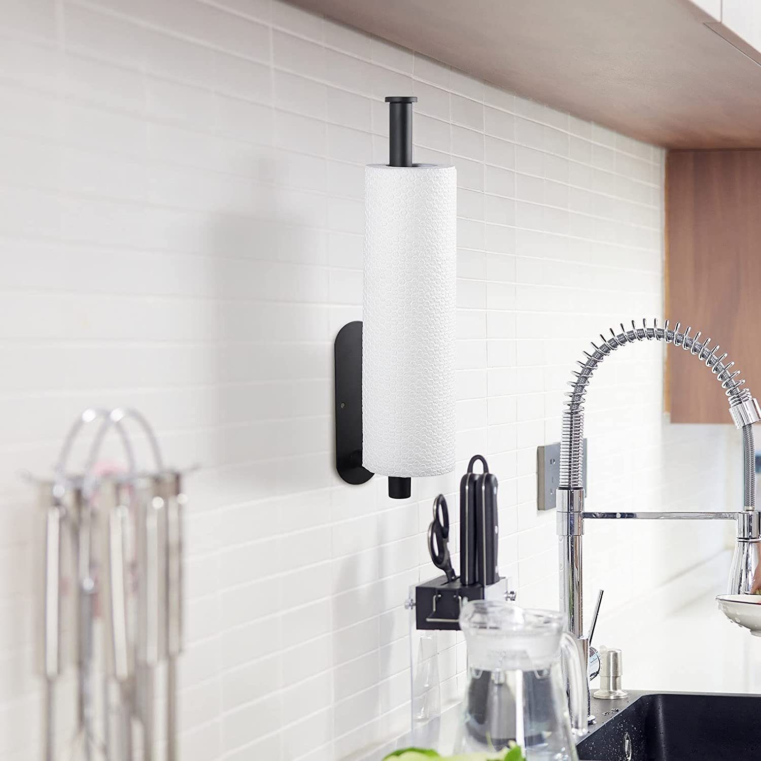 zggzerg Küchenrollenhalter Bohren Schwarz Badezimmer für Waschbecken Speisekammer Küchenrollenhalter Ohne