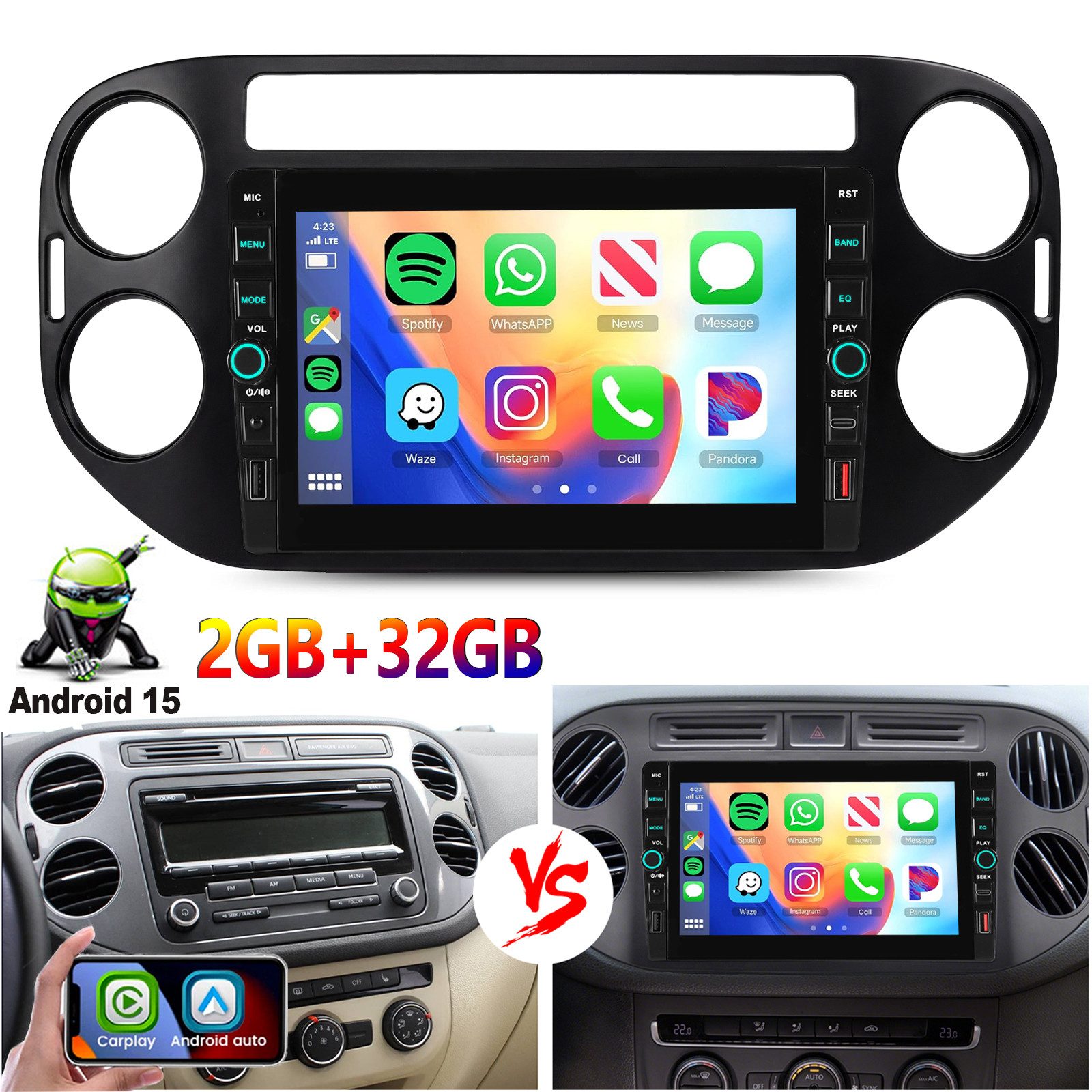 ESSGOO 8'' Android 15 Autoradio Carplay WiFi Navi für VW Tiguan 5N Golf Plus Autoradio (RDS, 4+64GB(optional), DAB (optional), FM, DAB+ (optional)