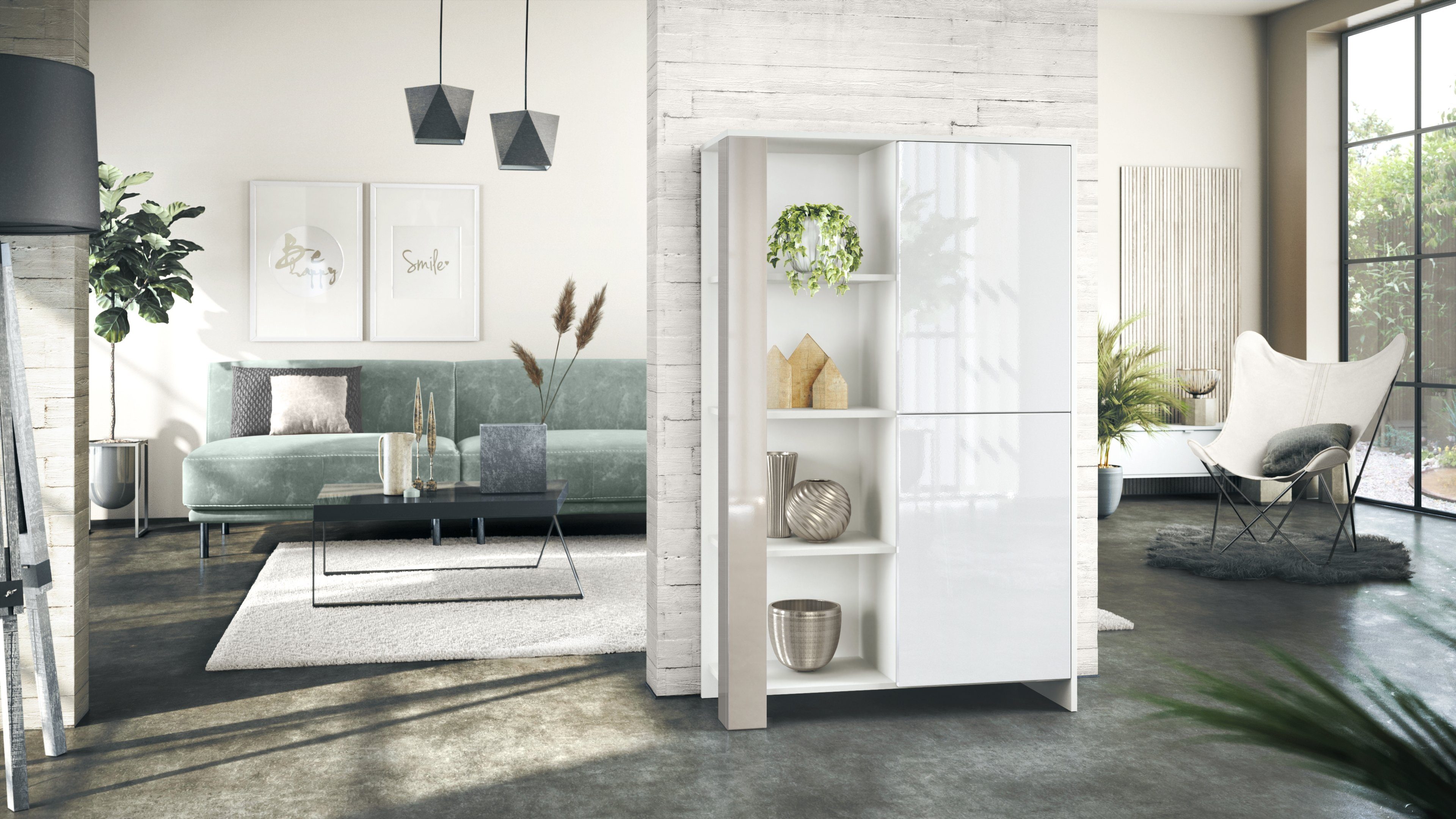 Vladon Highboard Canto (Highboard, mit 2 Türen und 8 Fächern), Weiß matt, Weiß Hochglanz, Sandgrau Hochglanz