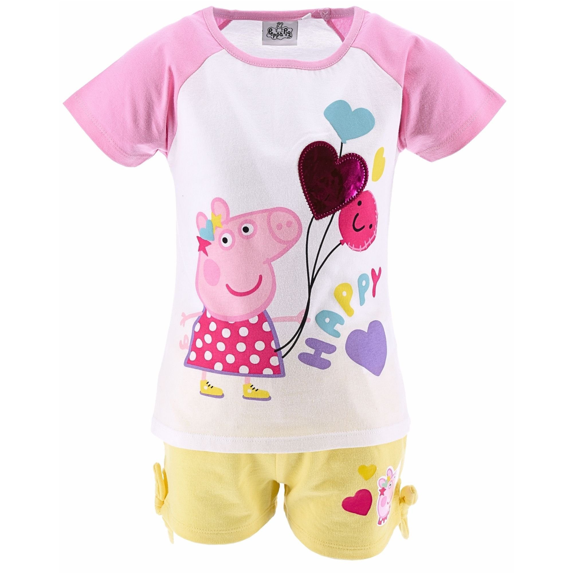 Peppa Peppa Sommeroutfit Pig T-Shirt & Mädchen - (2-tlg) Wutz 98 Gelb Shorts Gr. 116 cm