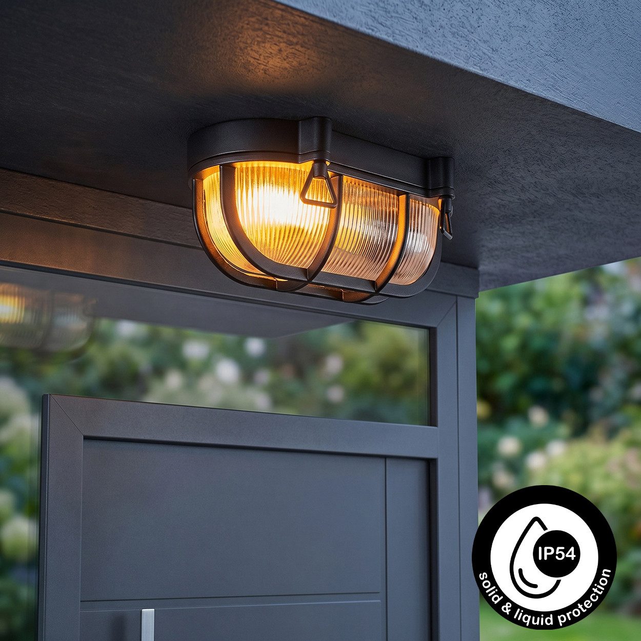 hofstein Außen-Deckenleuchte Außendeckenlampe aus Metall/Riffelglas in Schwarz/Klar, ohne Leuchtmittel, Deckenleuchte draussen im Industrial/Retro/Vintage-Design, E27, IP44