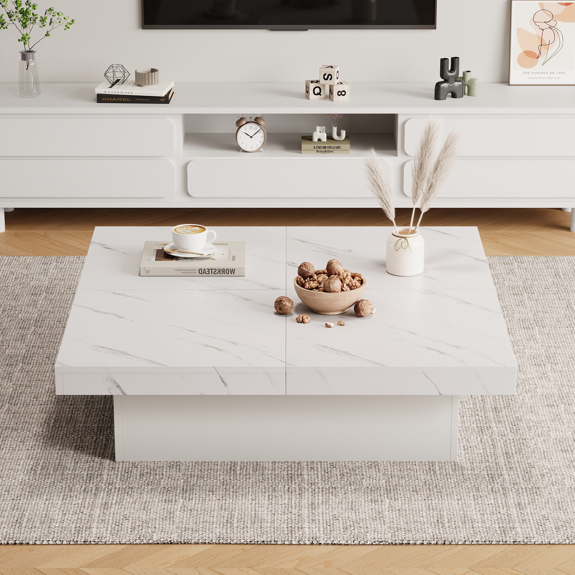Merax Couchtisch mit versteckten Stauraum und Marmor-Optik (1-St), Quadratischer Wohnzimmertisch Satztisch mit 4 Schubladen, 90x90x25cm – Bild 3 von 5