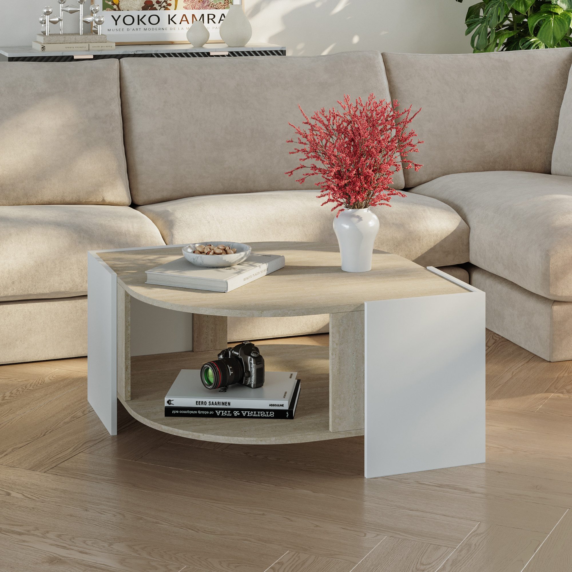 en.casa Couchtisch, »Klipsari« 75 x 75 x 40 cm mit Stauraum Weiß/Travertin