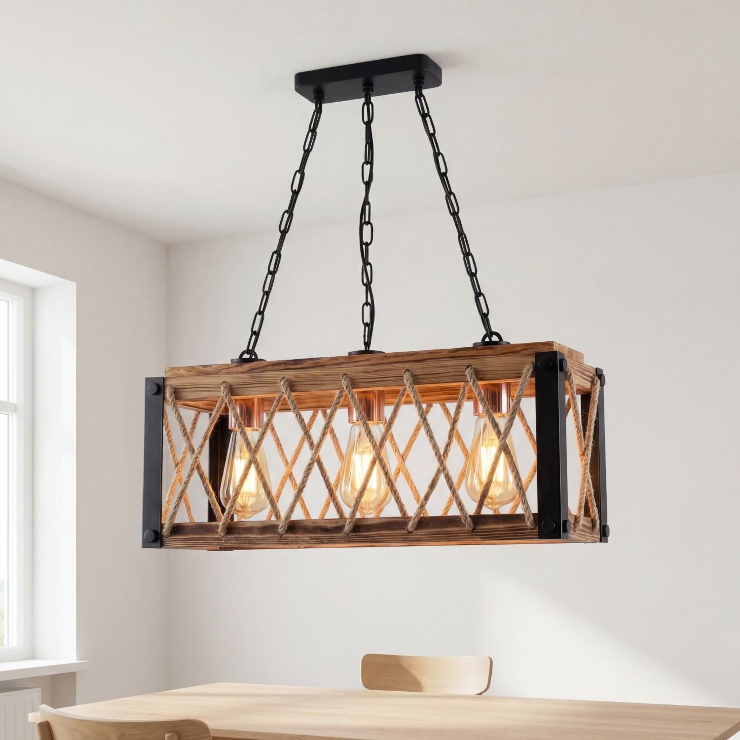 Licht-Erlebnisse Pendelleuchte SELMAR, ohne Leuchtmittel, geflammtes Holz Metall B: 49 cm H: max. 80 cm E27 3-flammig Rustikal