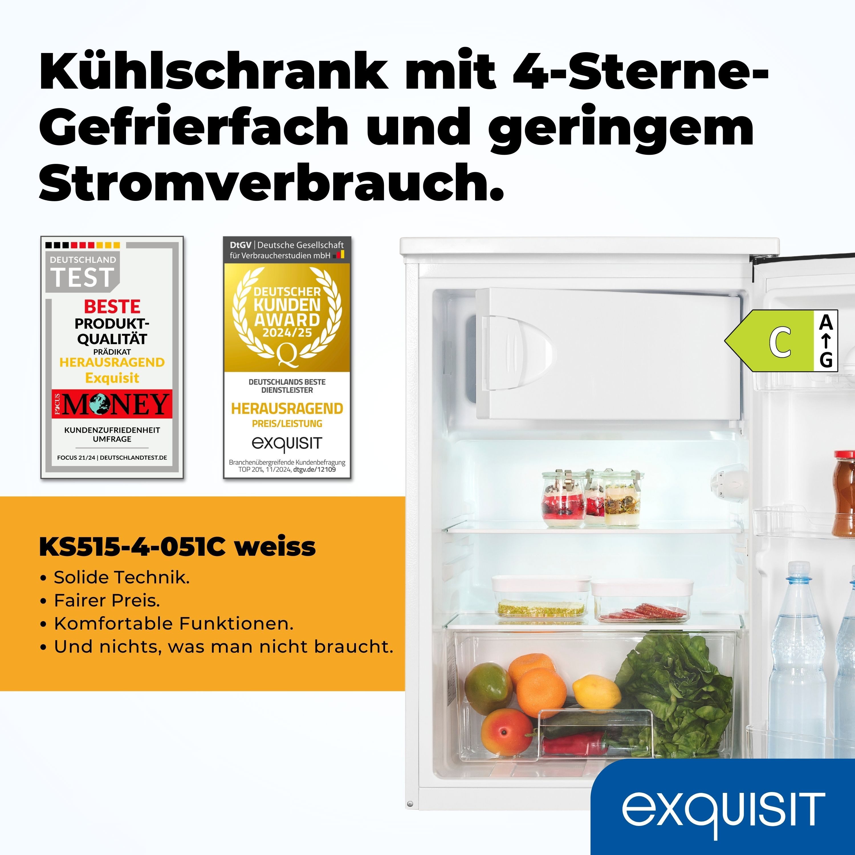 exquisit Kühlschrank KS515-4-051C, 84.5 cm hoch, 54.9 cm breit, Griffmulde, 4-Sternefach, LED-Beleuchtung